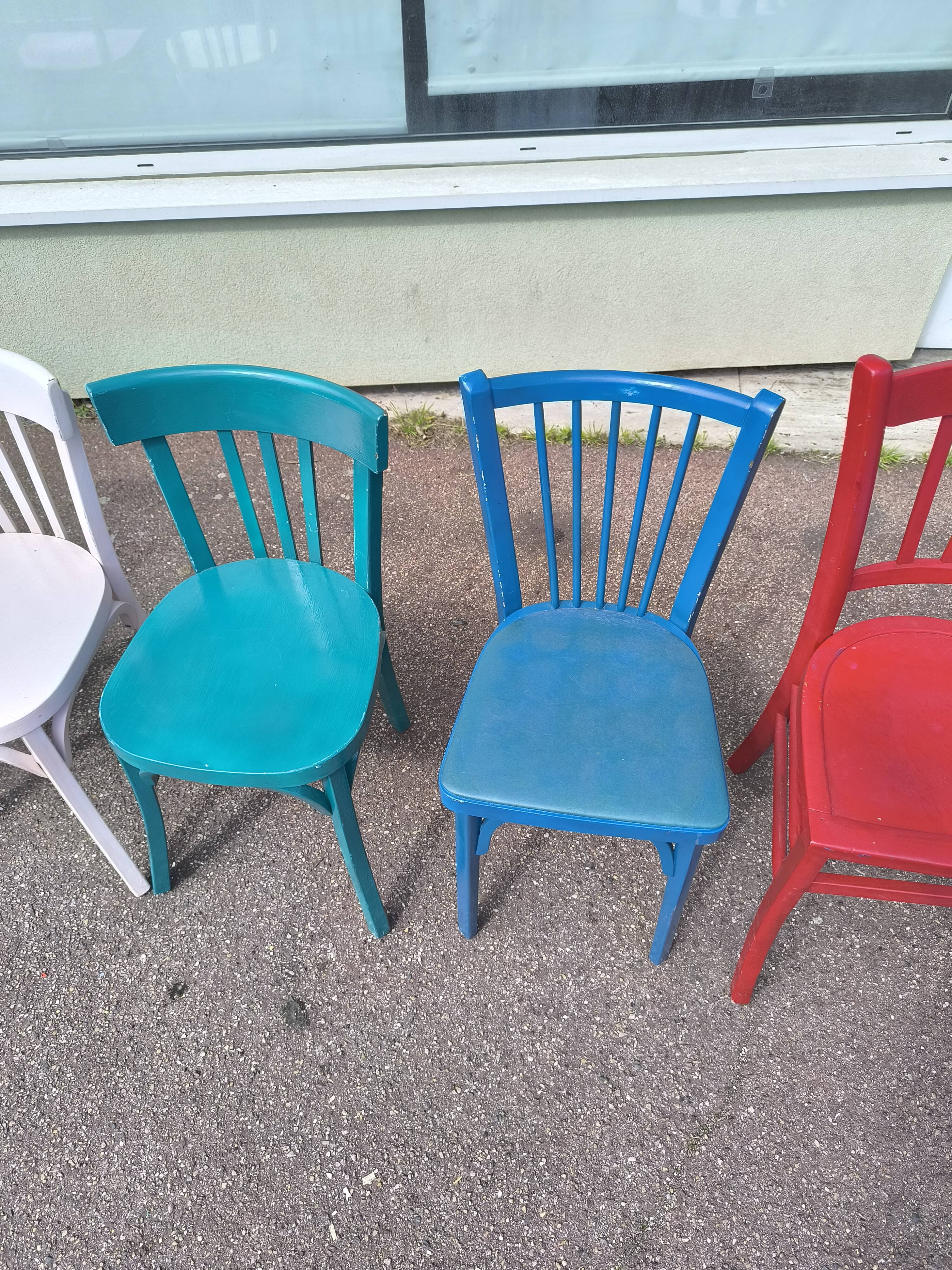 Set of 6 mismatched vintage bistro wooden chairs.