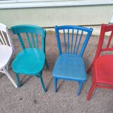 Set of 6 mismatched vintage bistro wooden chairs.