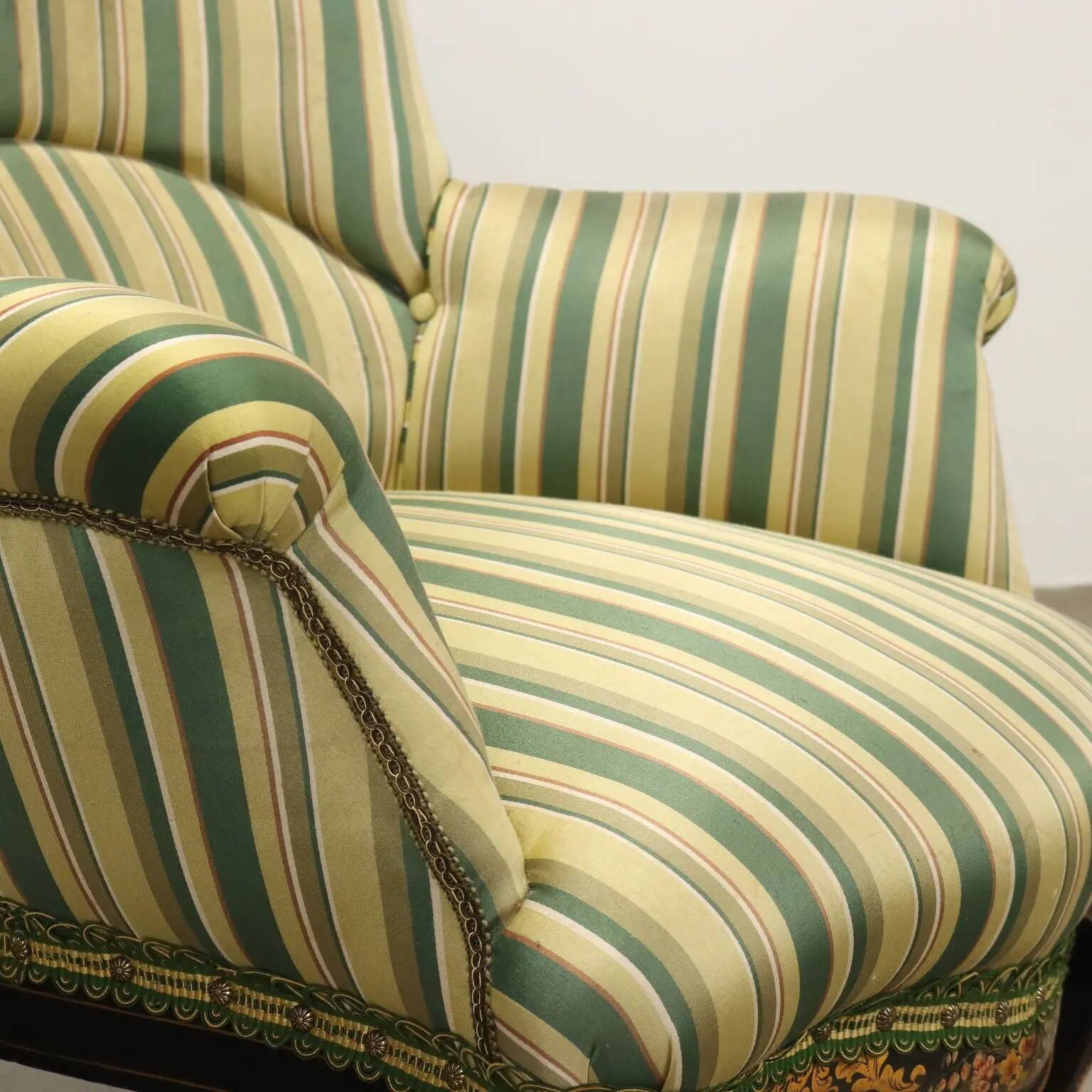Antique upholstered and lacquered wooden armchair, Italy, late 19th century.