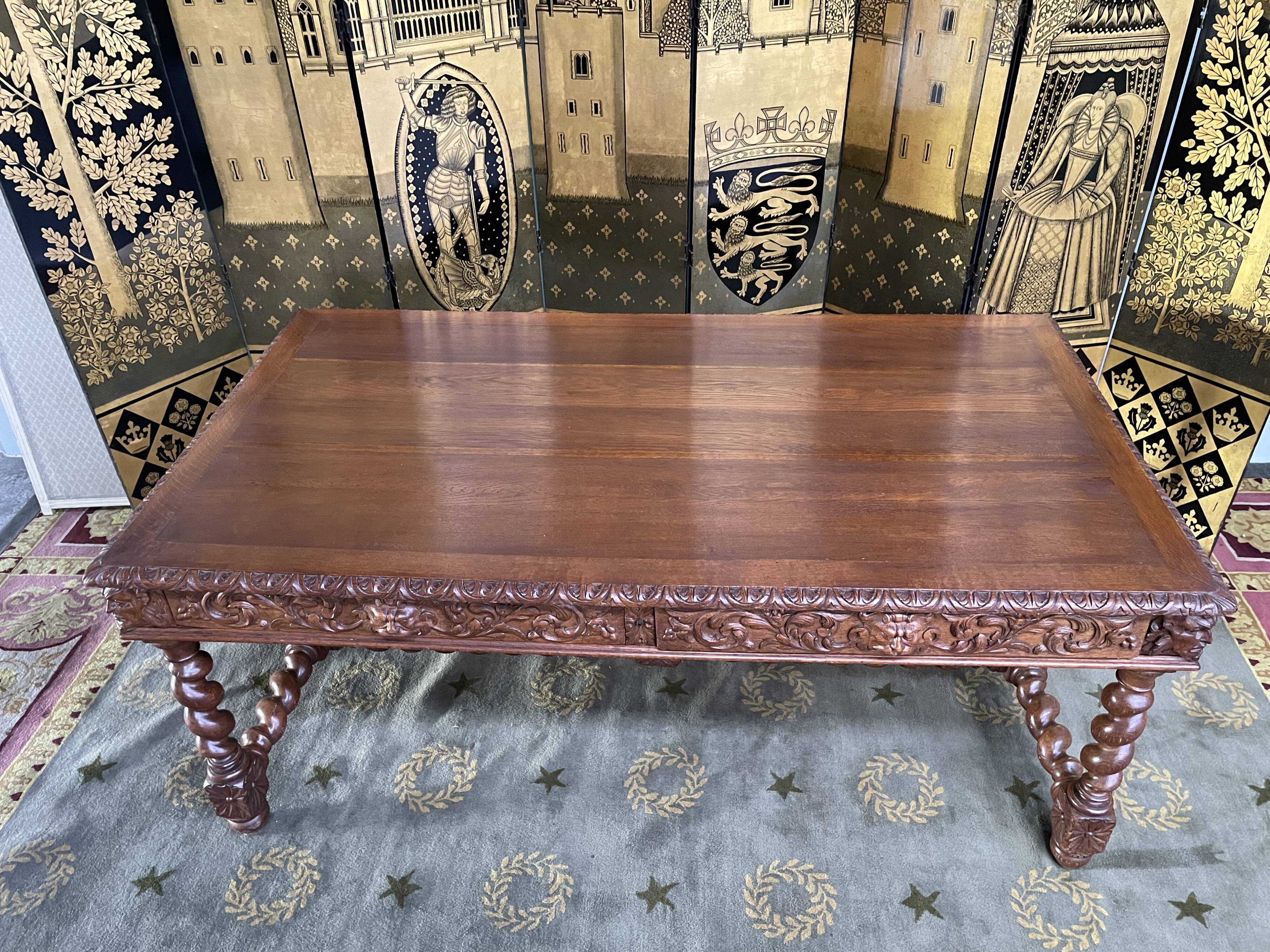 Office style Louis XIII solid oak carved restored