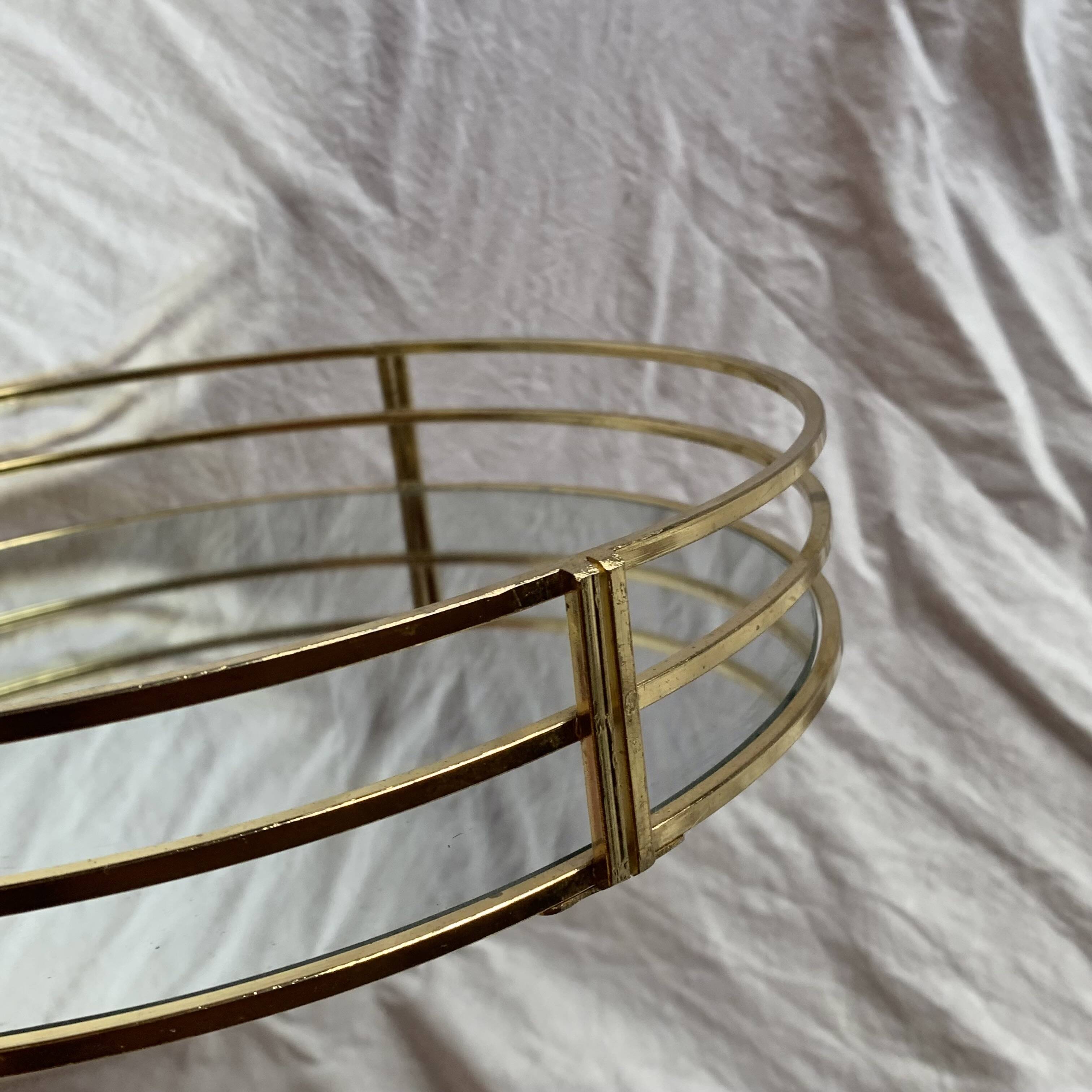 Vintage round tray in gold metal and mirror