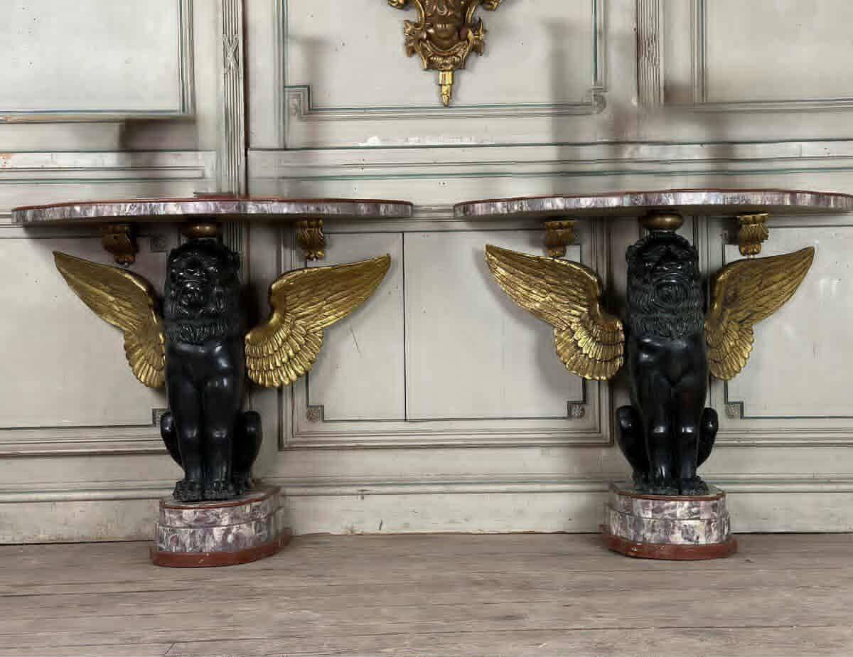Pair of marble and bronze console tables, Italy, circa 1930