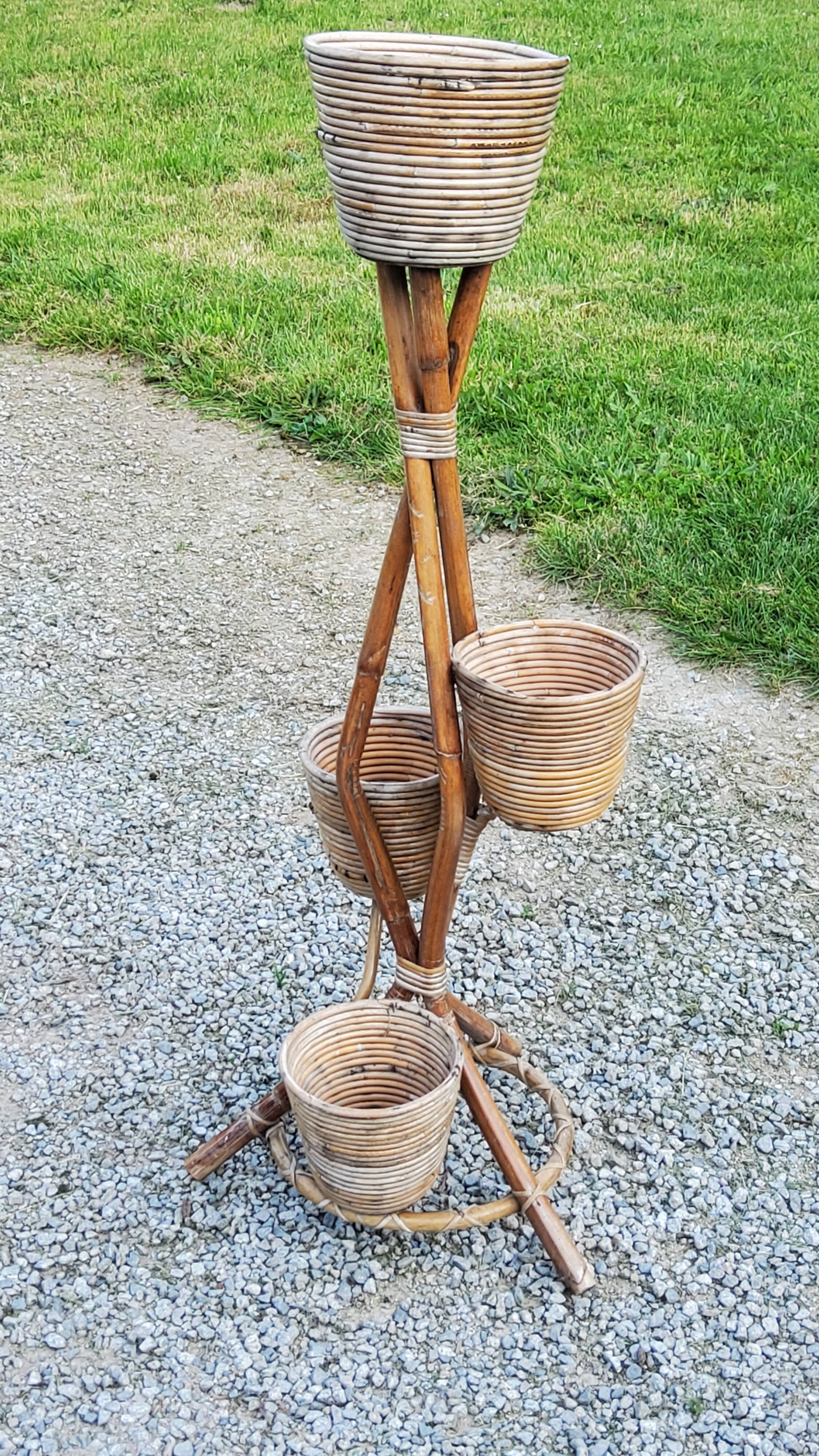 Rattan and bamboo plant holder from the 50s