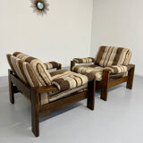 2 vintage 1970s wooden and fabric armchairs