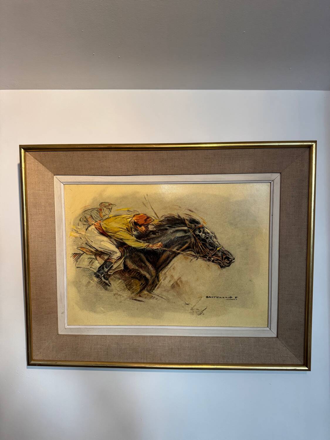 Old painting, horse scene, signed F Castellan, early 20th century