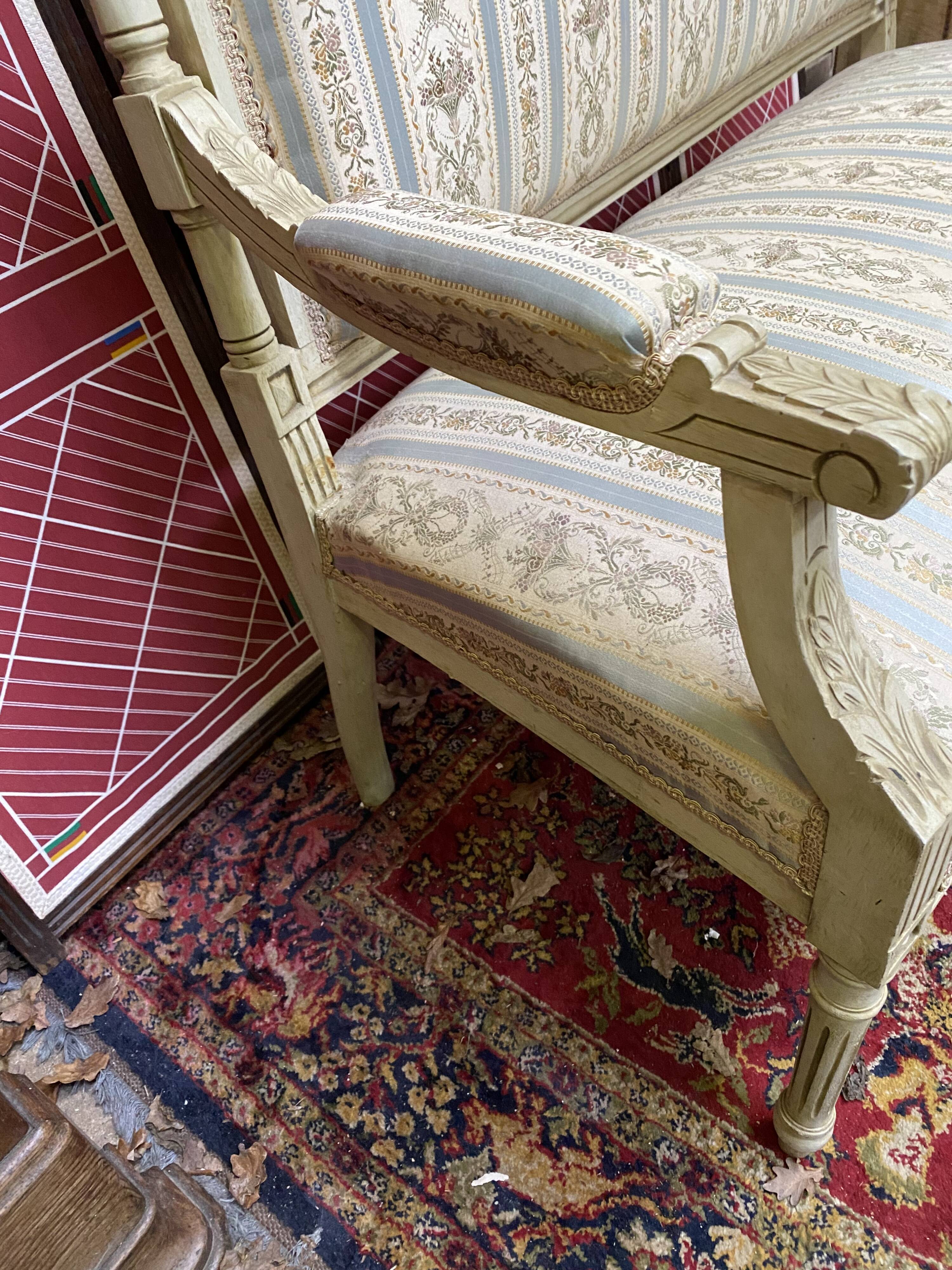 Louis XVI style bench carved with original fabrics and silks