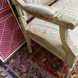 Louis XVI style bench carved with original fabrics and silks