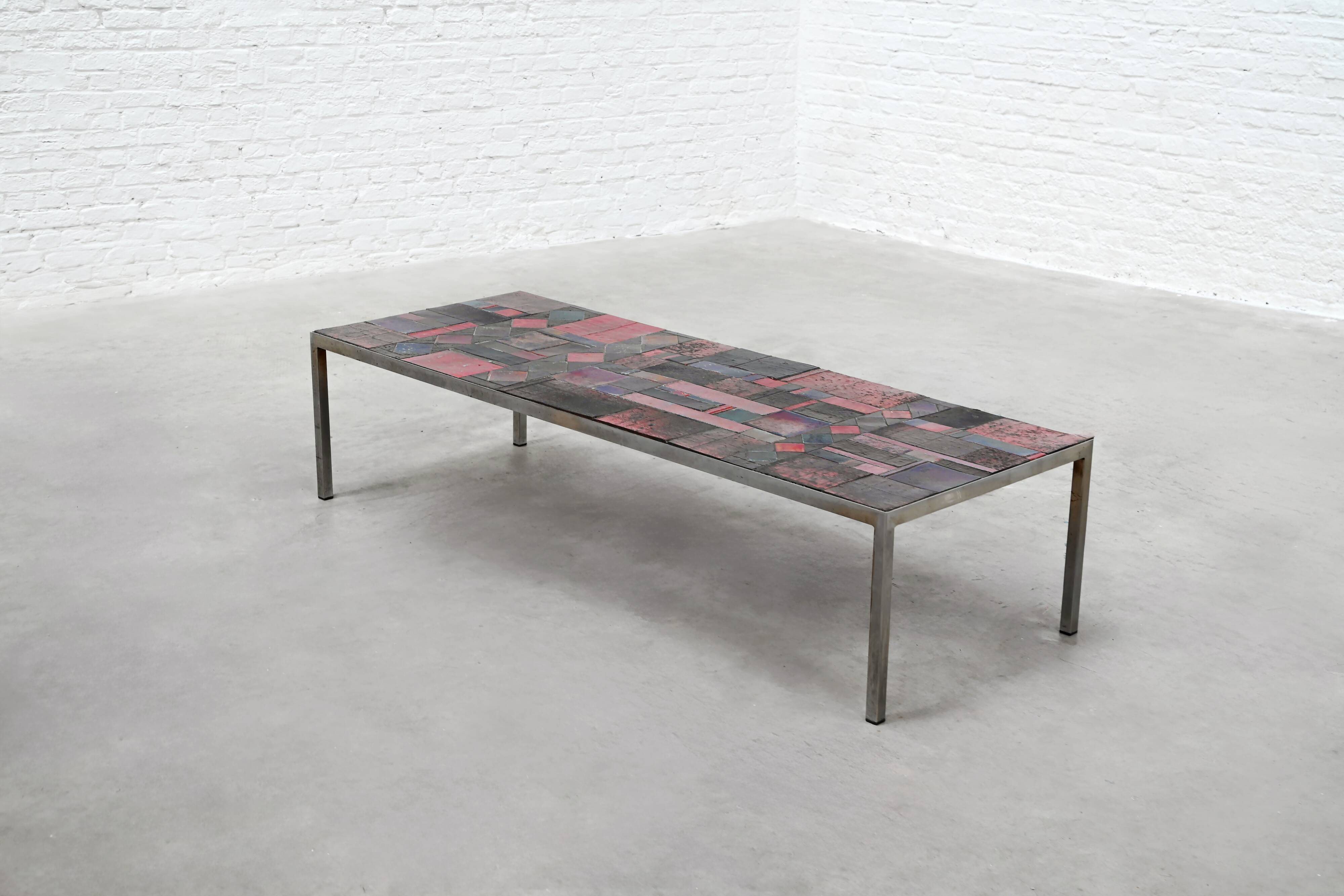 Large Ceramic-Tile Coffee Table by Pia Manu, Handcrafted, Belgium 1960's