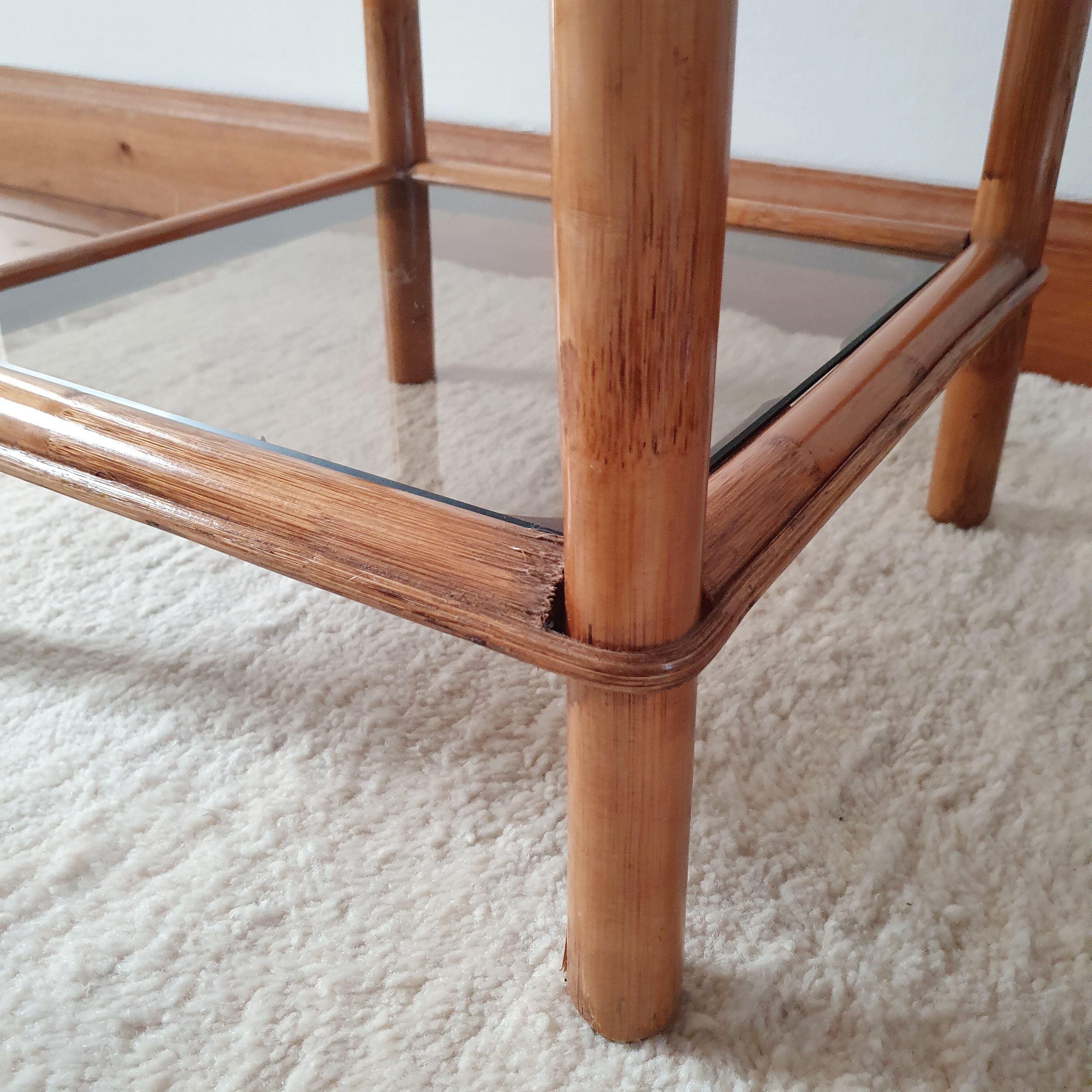 Pair of rattan bedside tables and smoked glass 1970