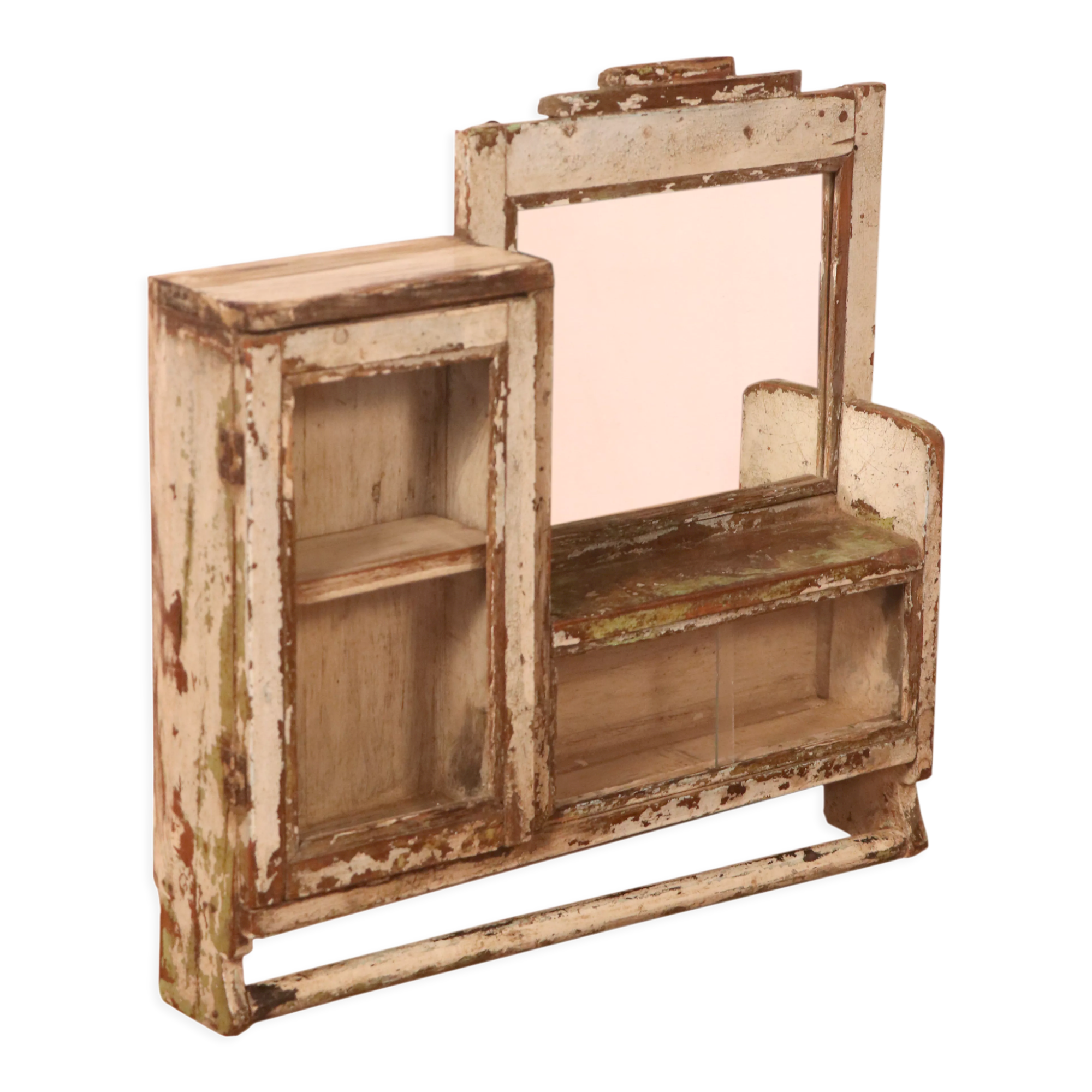 Old mirror - art deco shelf in original burmese teak ecru patina