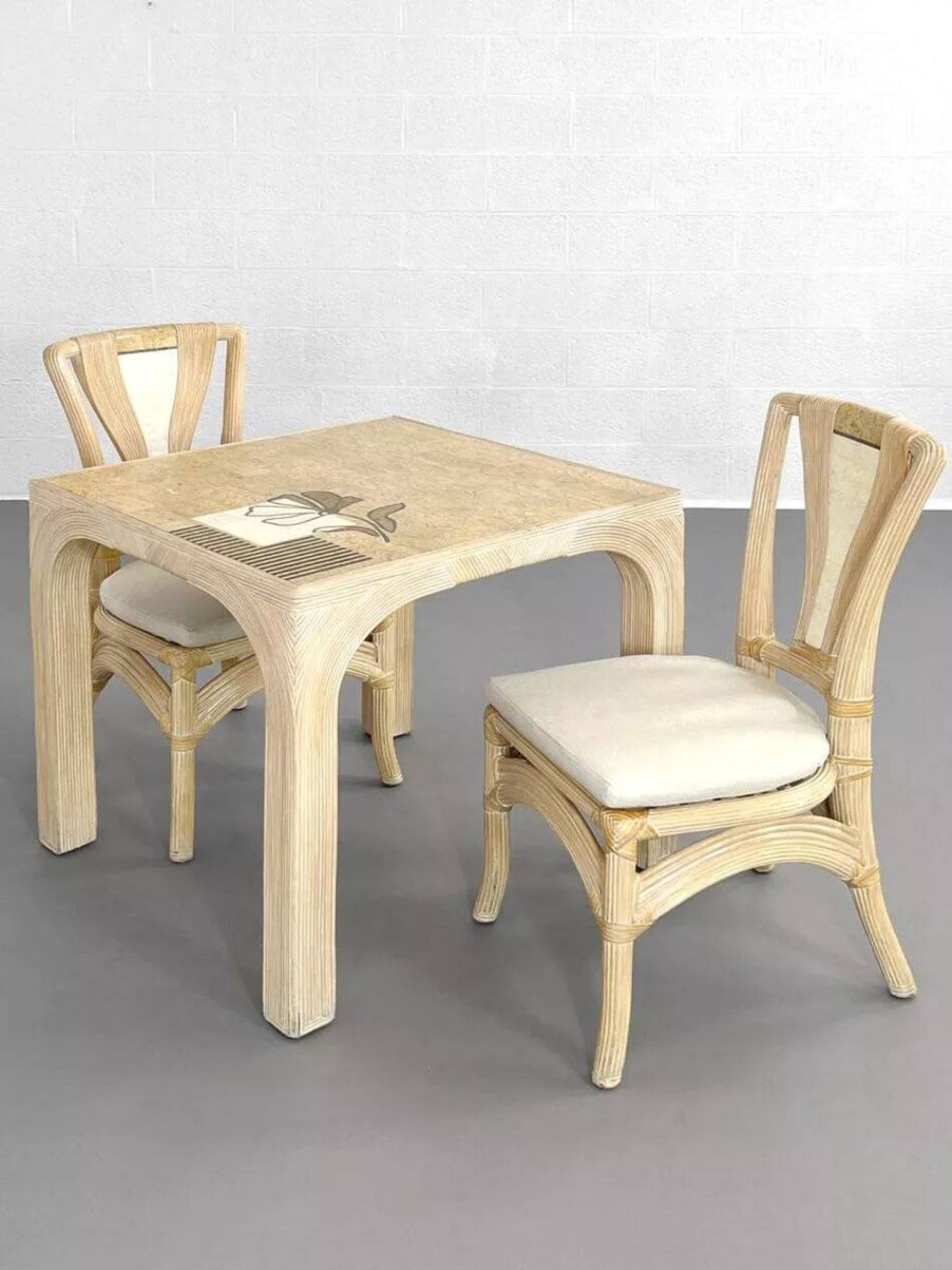 Square Rattan and Stone Marquetry Table with Matching Chairs, 1970