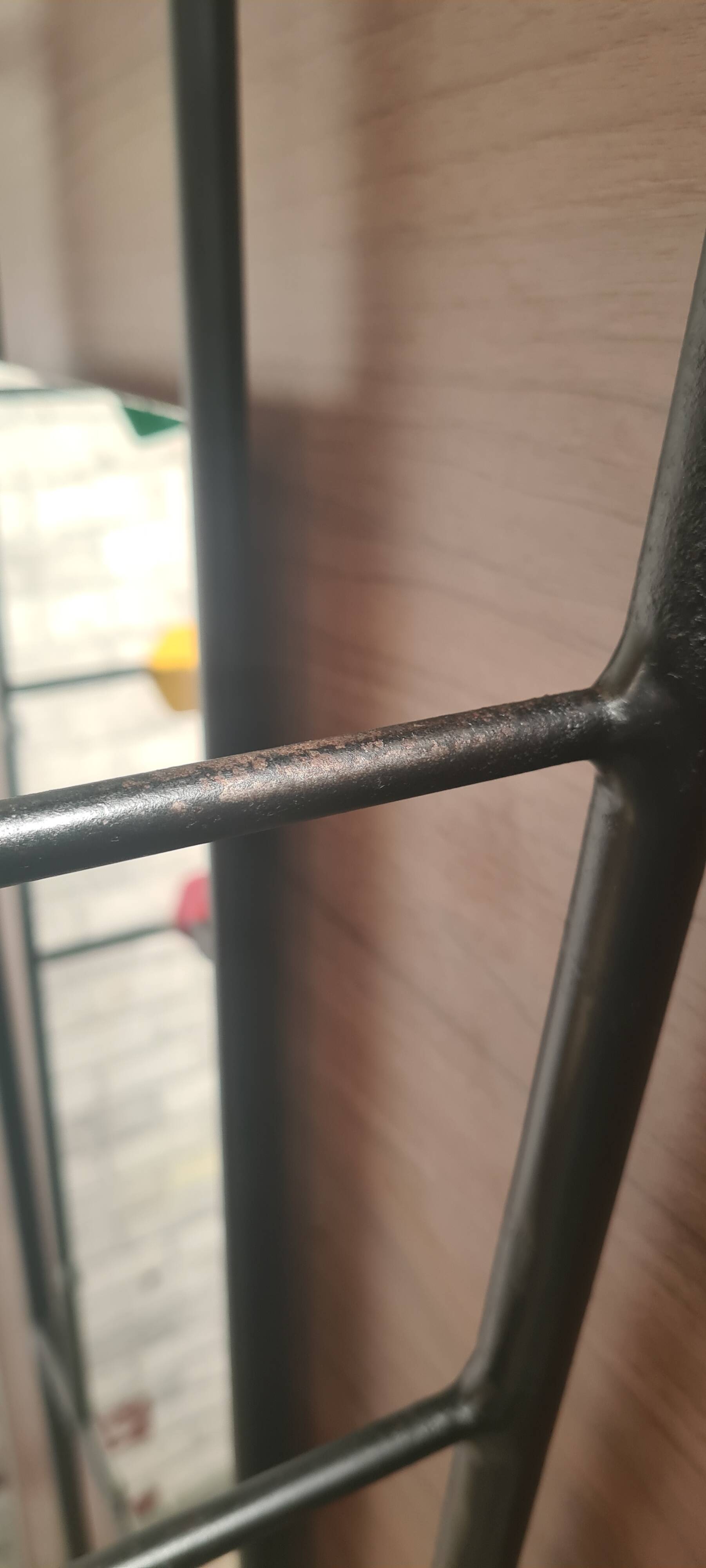 1950s metal and wood wall coat rack with mirror and umbrella stand