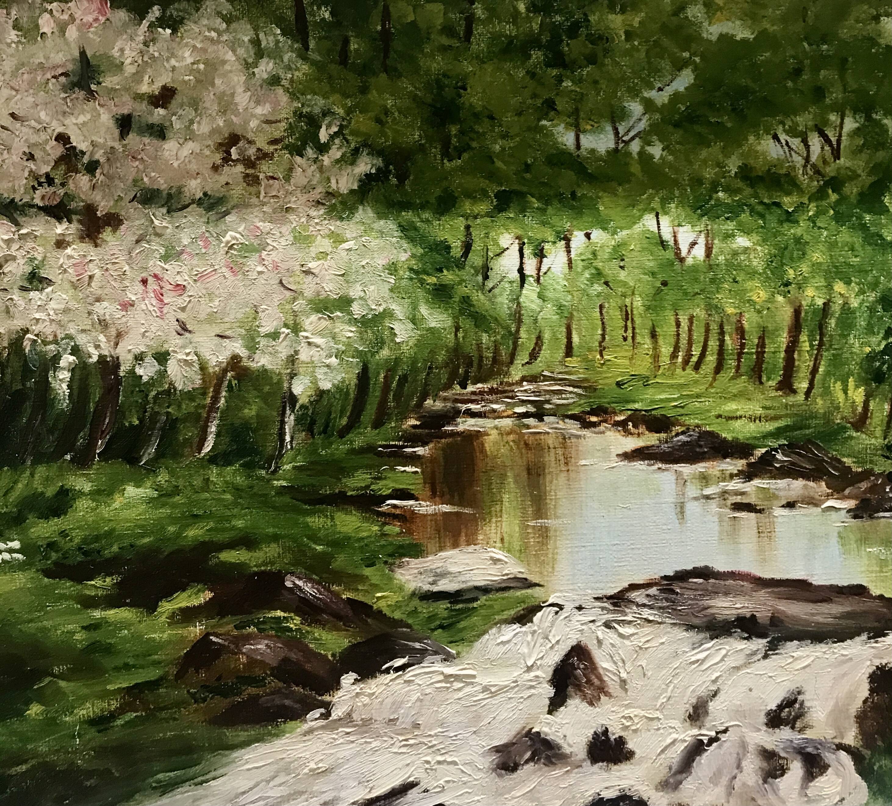 Oil on canvas river in grove