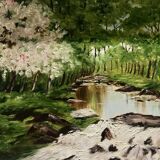 Oil on canvas river in grove