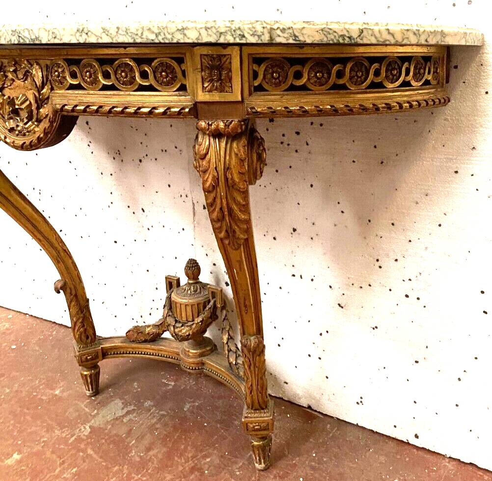 Louis XVI style console in gilded wood 20th century Veined green marble top