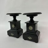 Set of 2 antique black marble candle stands, 1930's Art deco