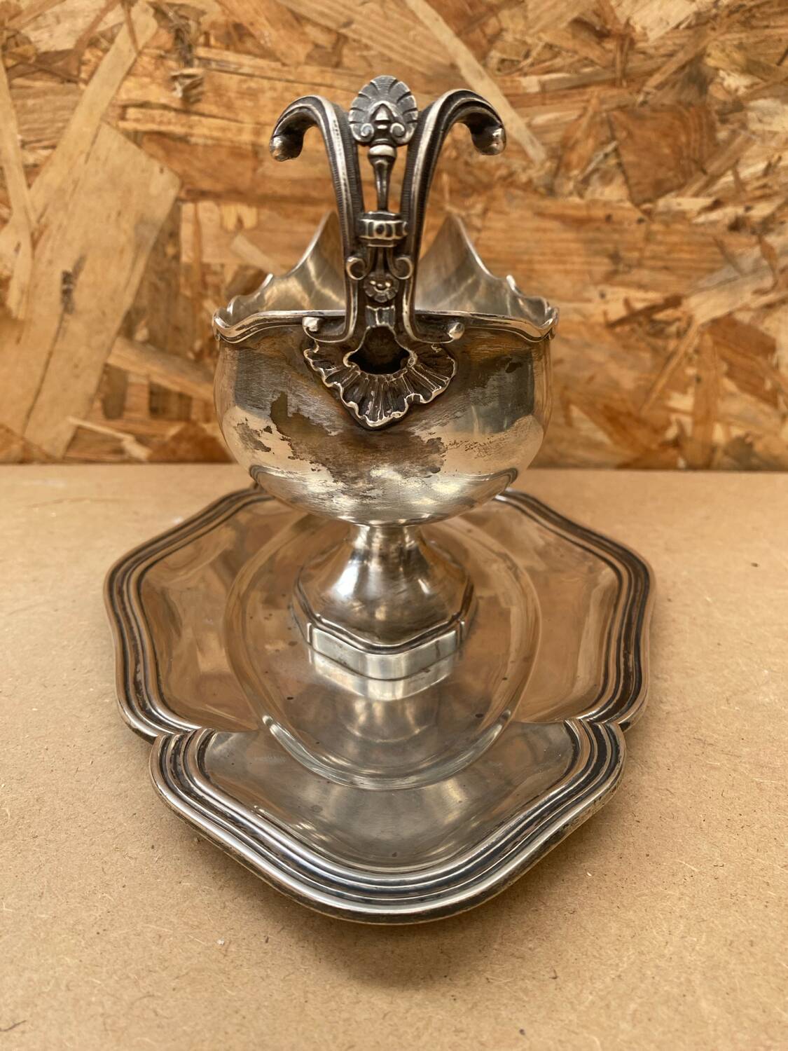 Antique silver metal gravy boat vintage kitchen utensil