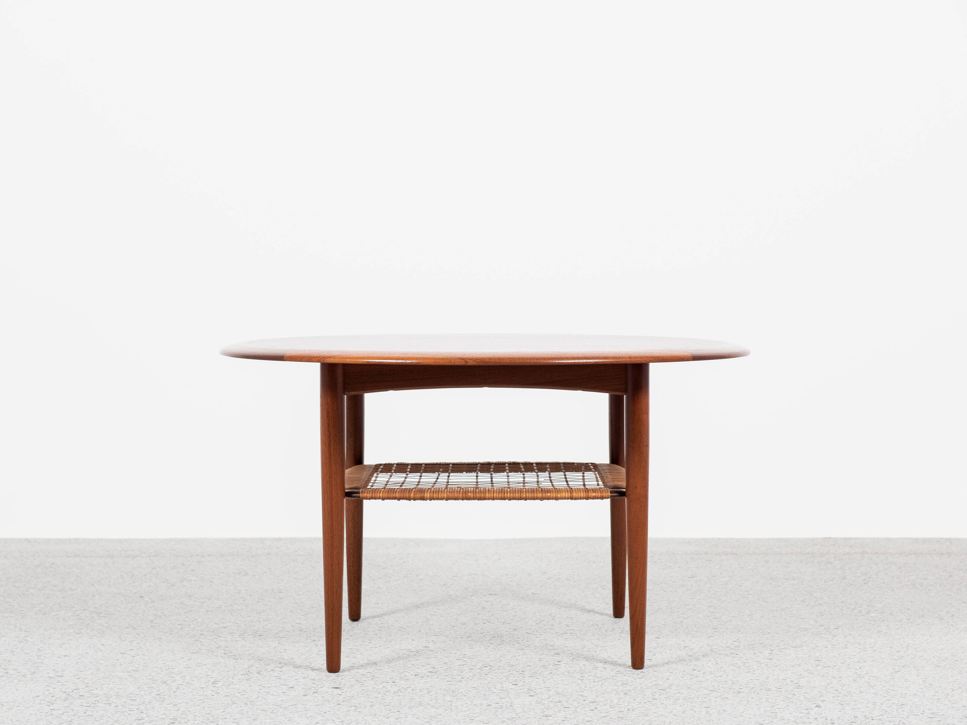 Midcentury Danish round coffee table in teak and cane by Johannes Andersen for Silkeborg 1960s