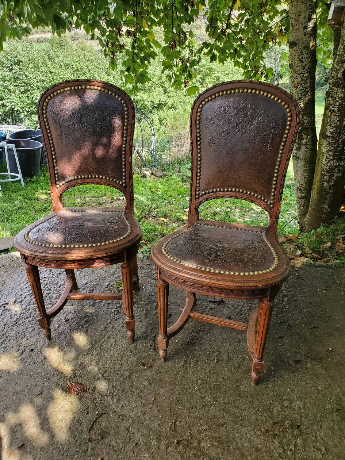 Paire de chaises en chêne et cuir