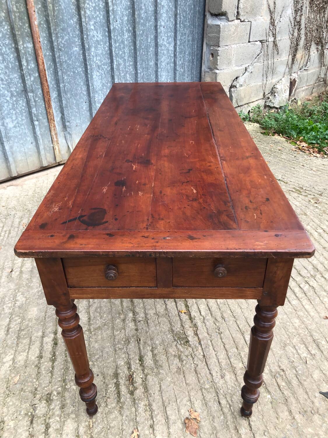 Antique farmhouse table in solid cherry wood with 4 drawers