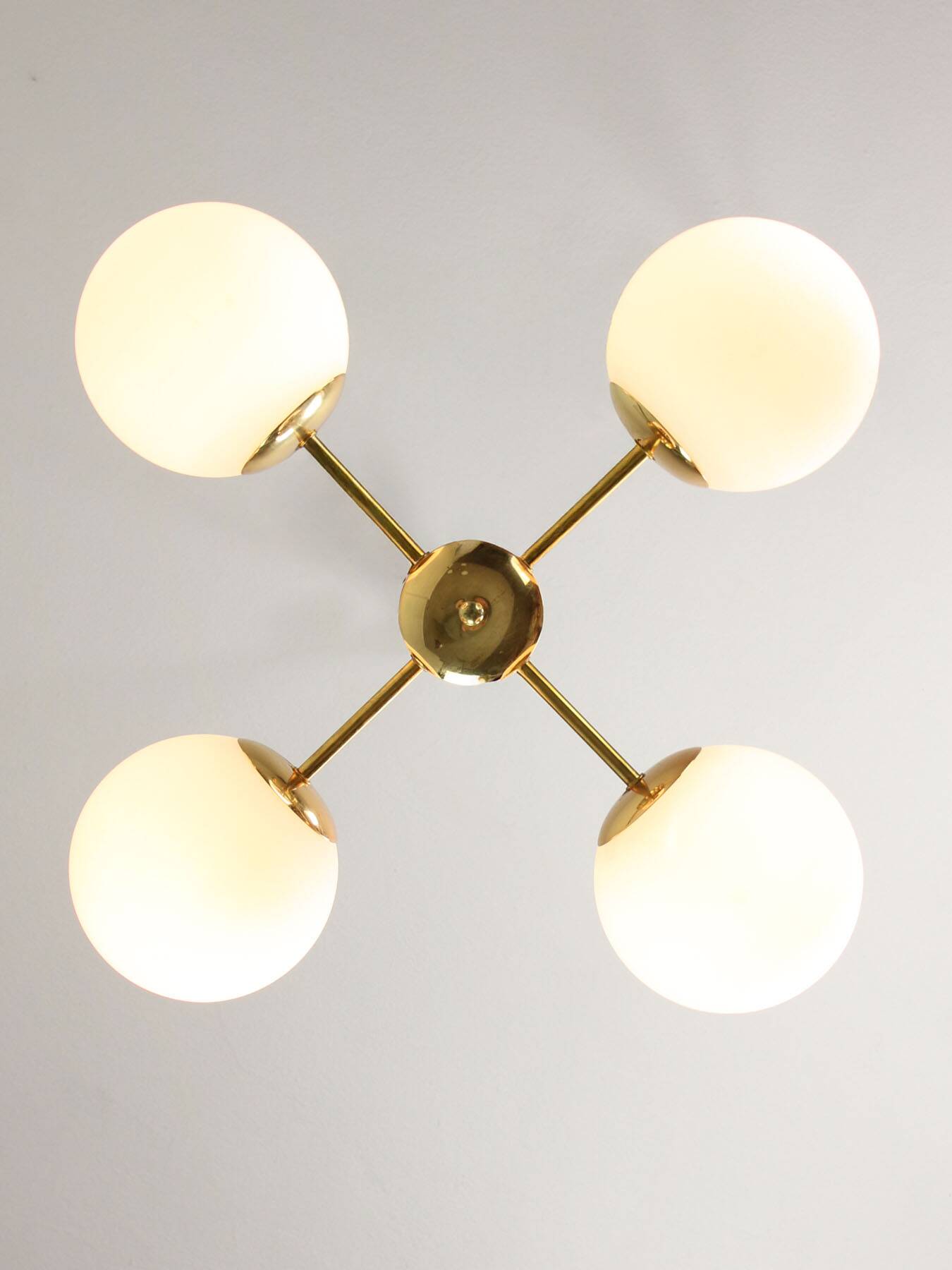 Italian Mid Century Golden Sputnik Chandelier with Opaline Shades, 1960s