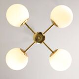 Italian Mid Century Golden Sputnik Chandelier with Opaline Shades, 1960s