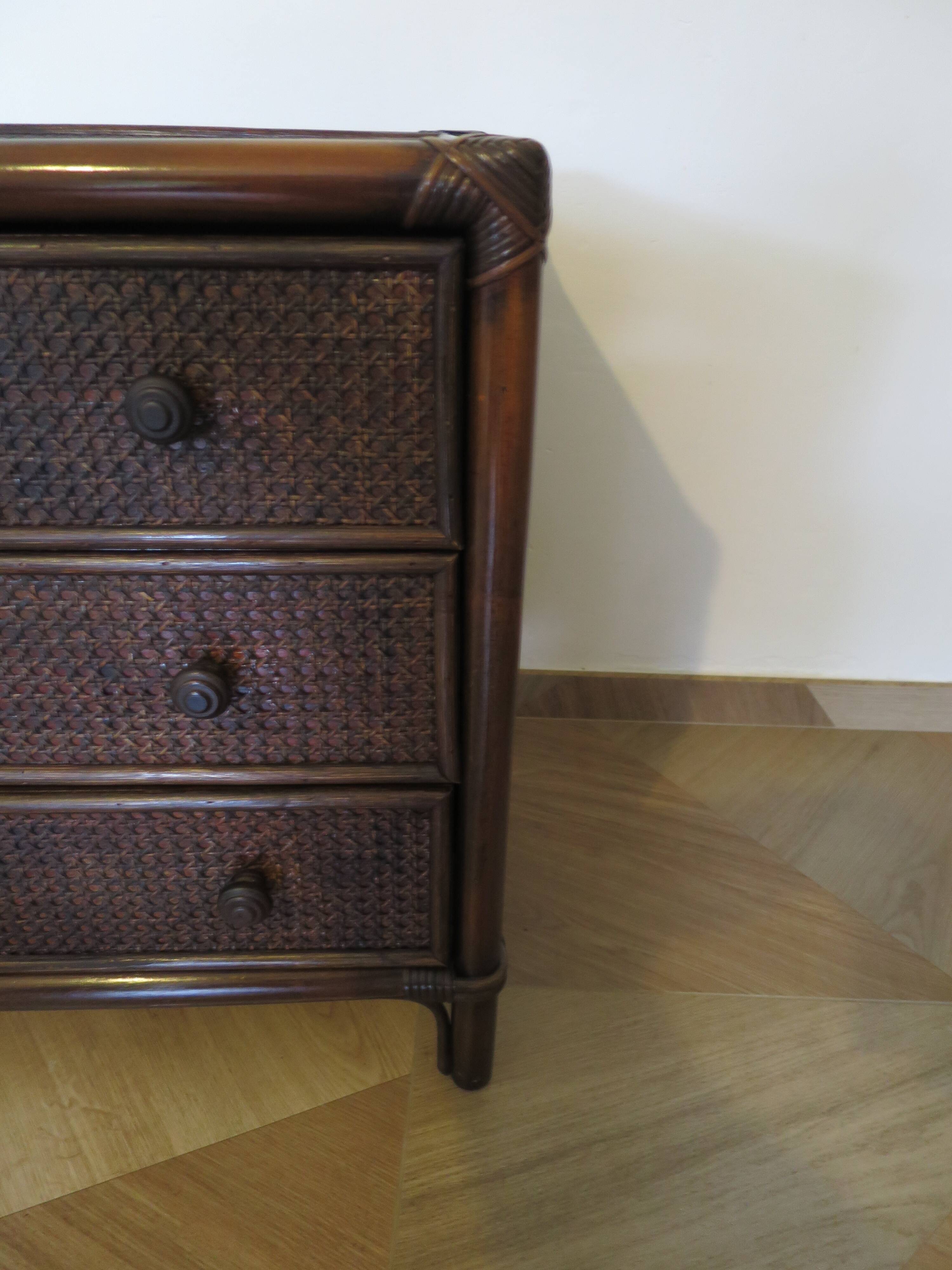 Vintage 3-drawer chest of drawers - wood, bamboo and woven rattan - 1980s