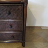 Vintage-commode 3 tioirs -bois bambou et rotin tressé - années 80