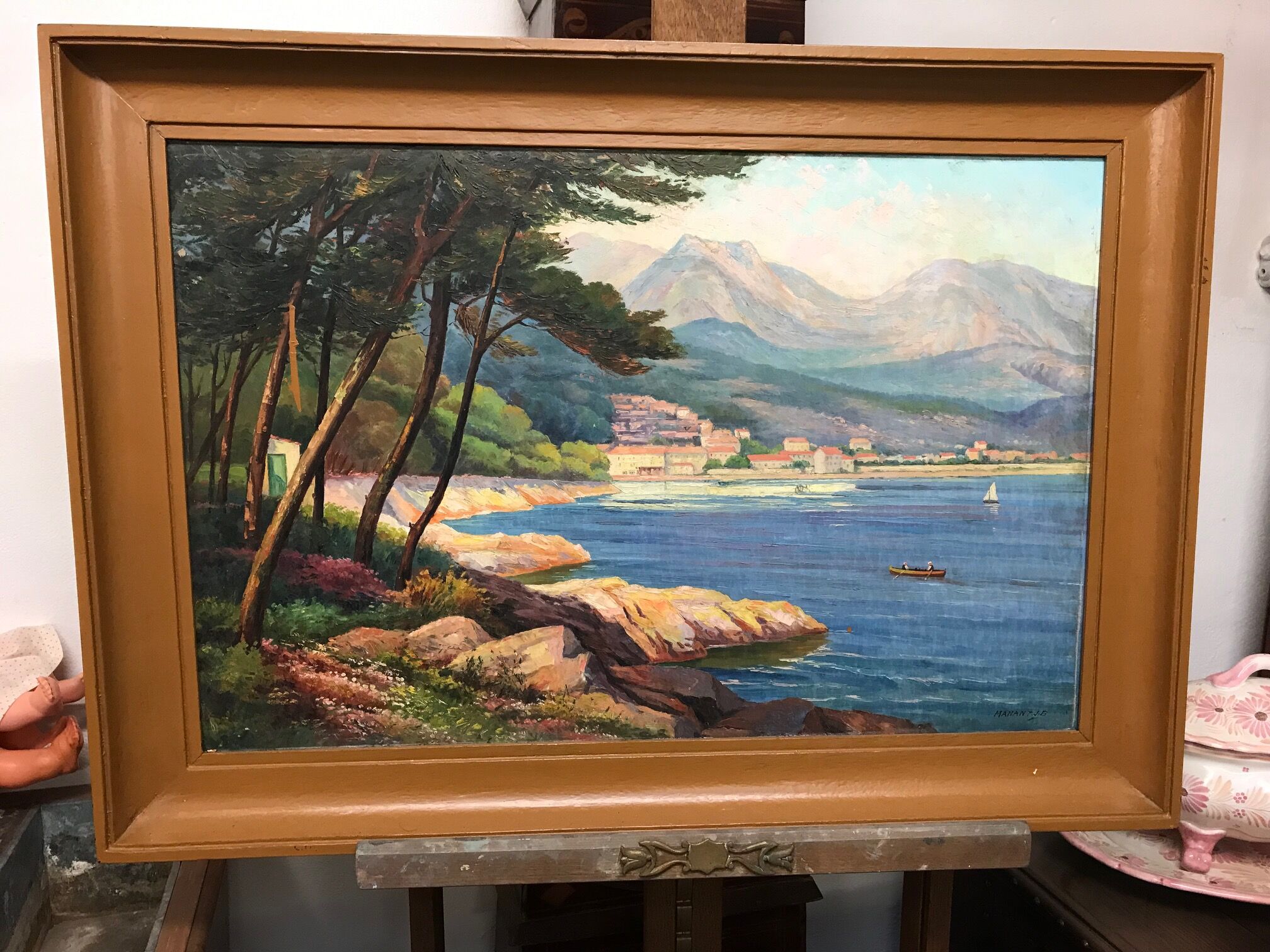 MANANT JEAN BAPTISTE OIL PAINTING SIGNED. SMALL MEDITERRANEAN PORT COTE D'AZUR