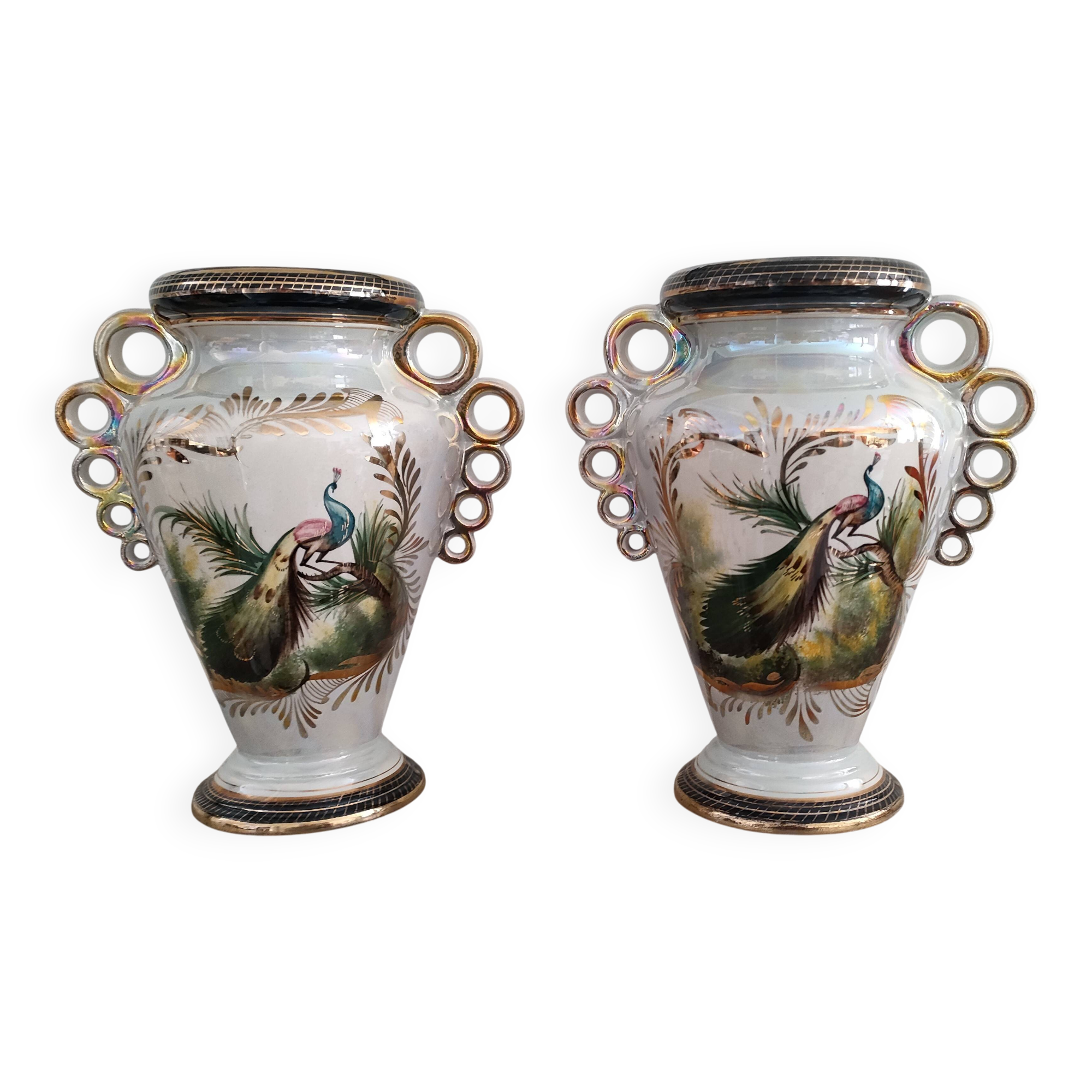 Pair of peacock vases by Hubert Bequet - Pearly ceramic - Belgium - 60s