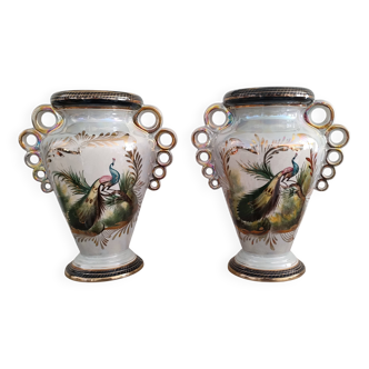 Paire de vases paons Hubert Bequet - Céramique nacrée - Belgique - 60's
