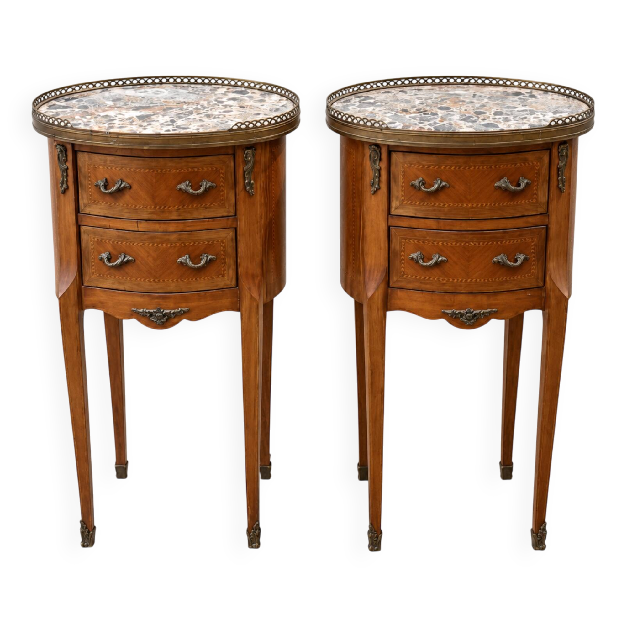 Pair of bedside tables with marquetry and marble, Louis XV style, openwork gallery.
