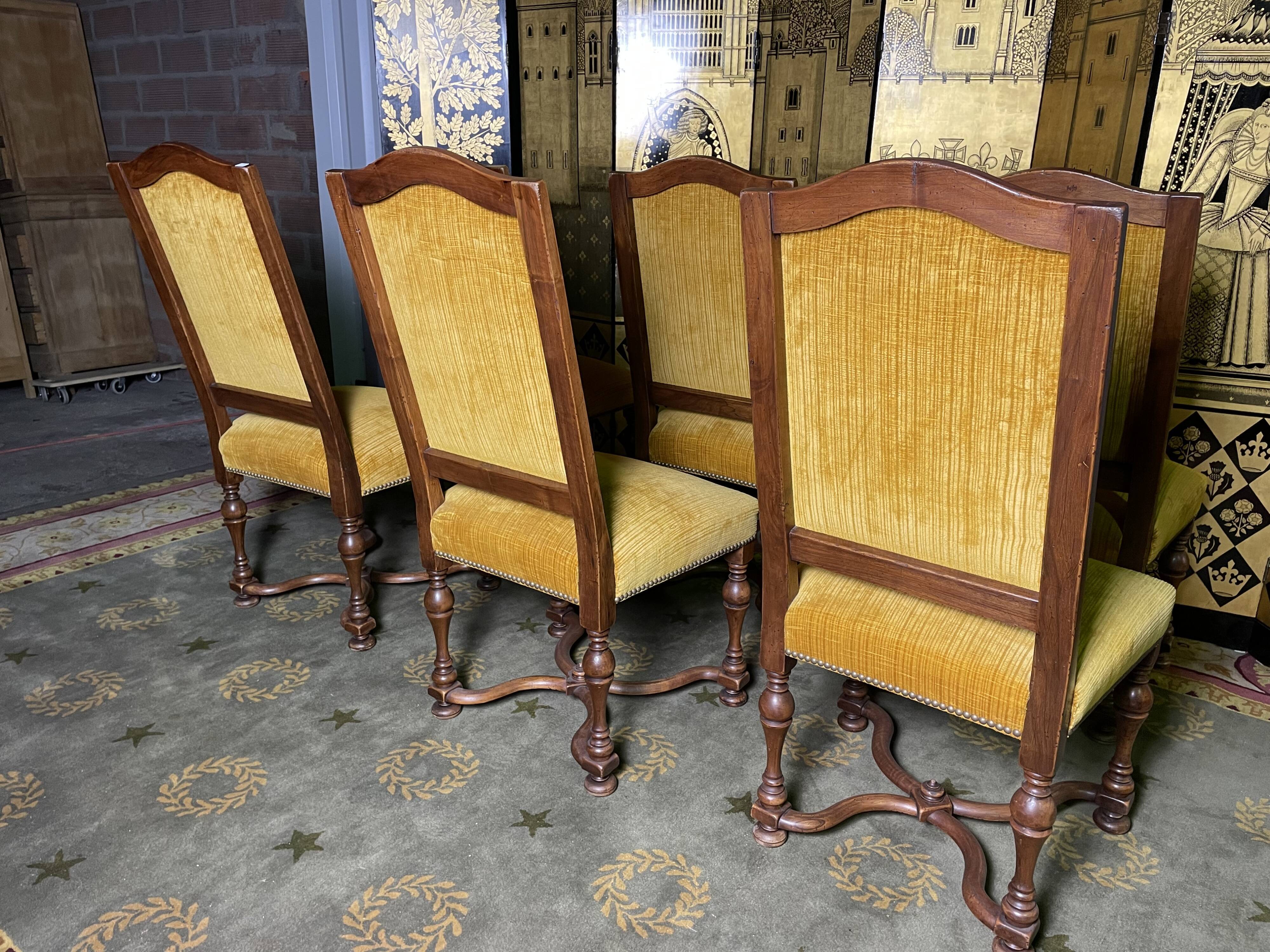 Suite of 6 chairs walnut and yellow velvet louis XIV style