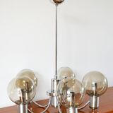 Five-branched chandelier, in chrome and smoked glass globes, Design, 1970