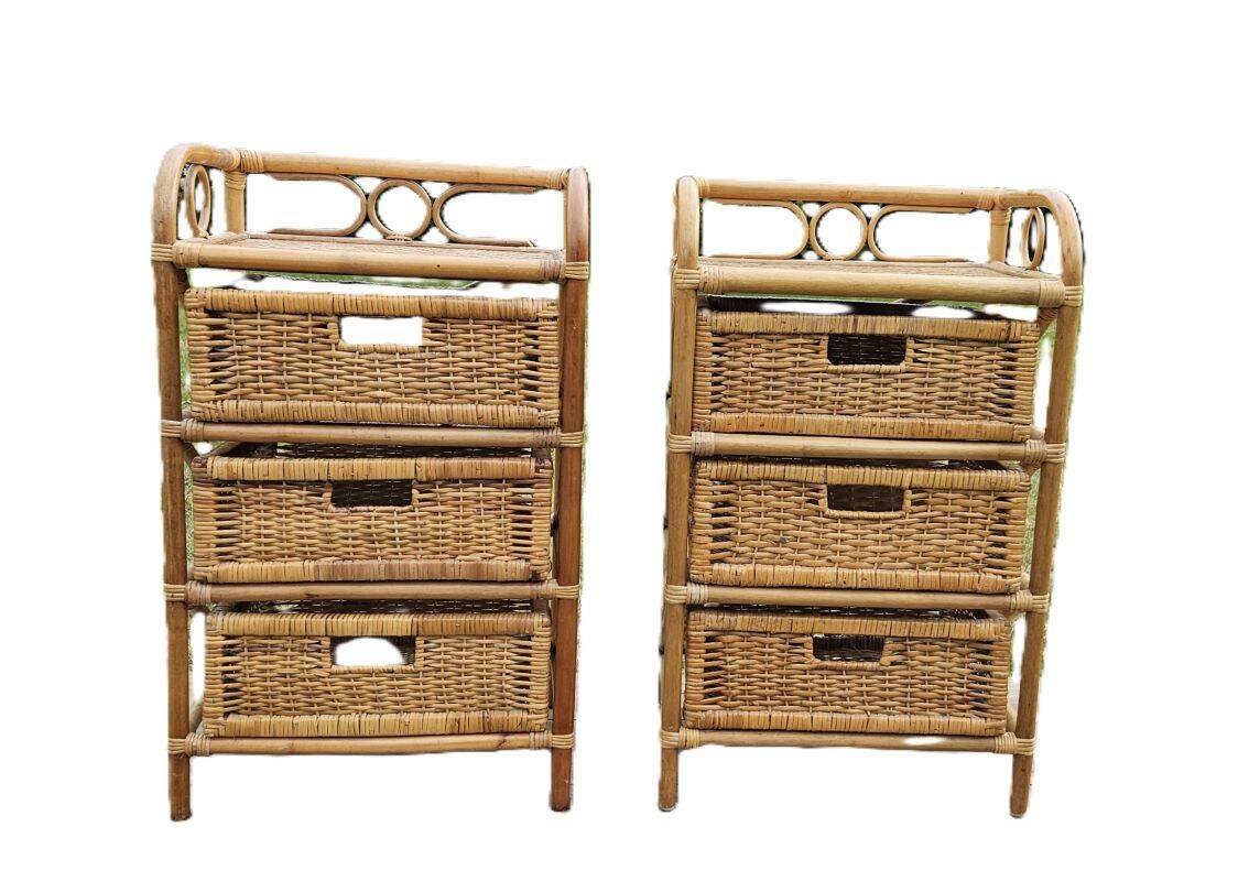 2 vintage bamboo and rattan bedside tables from the 1970s
