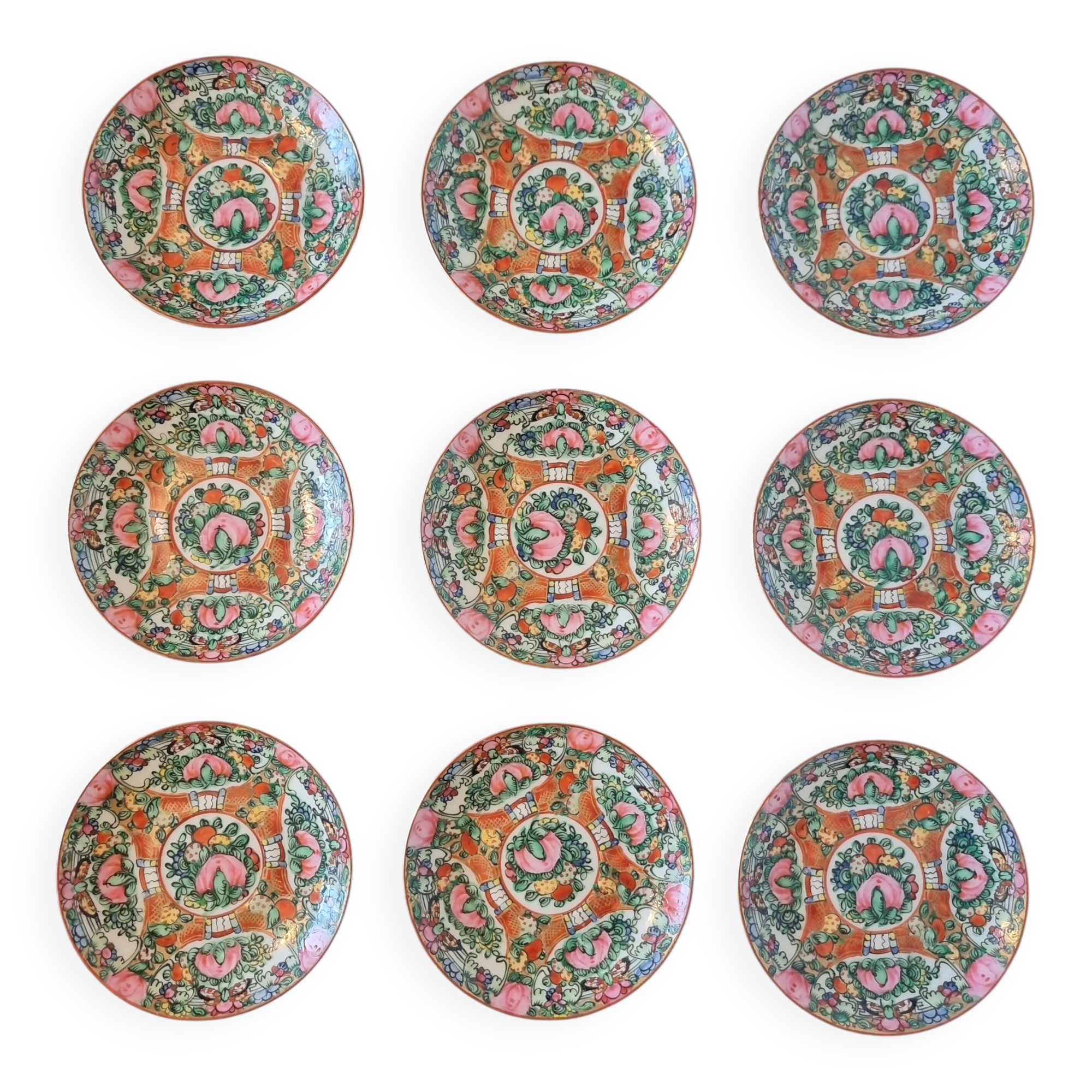 Set of 9 Macau porcelain bread or pasta plates, hand-painted
