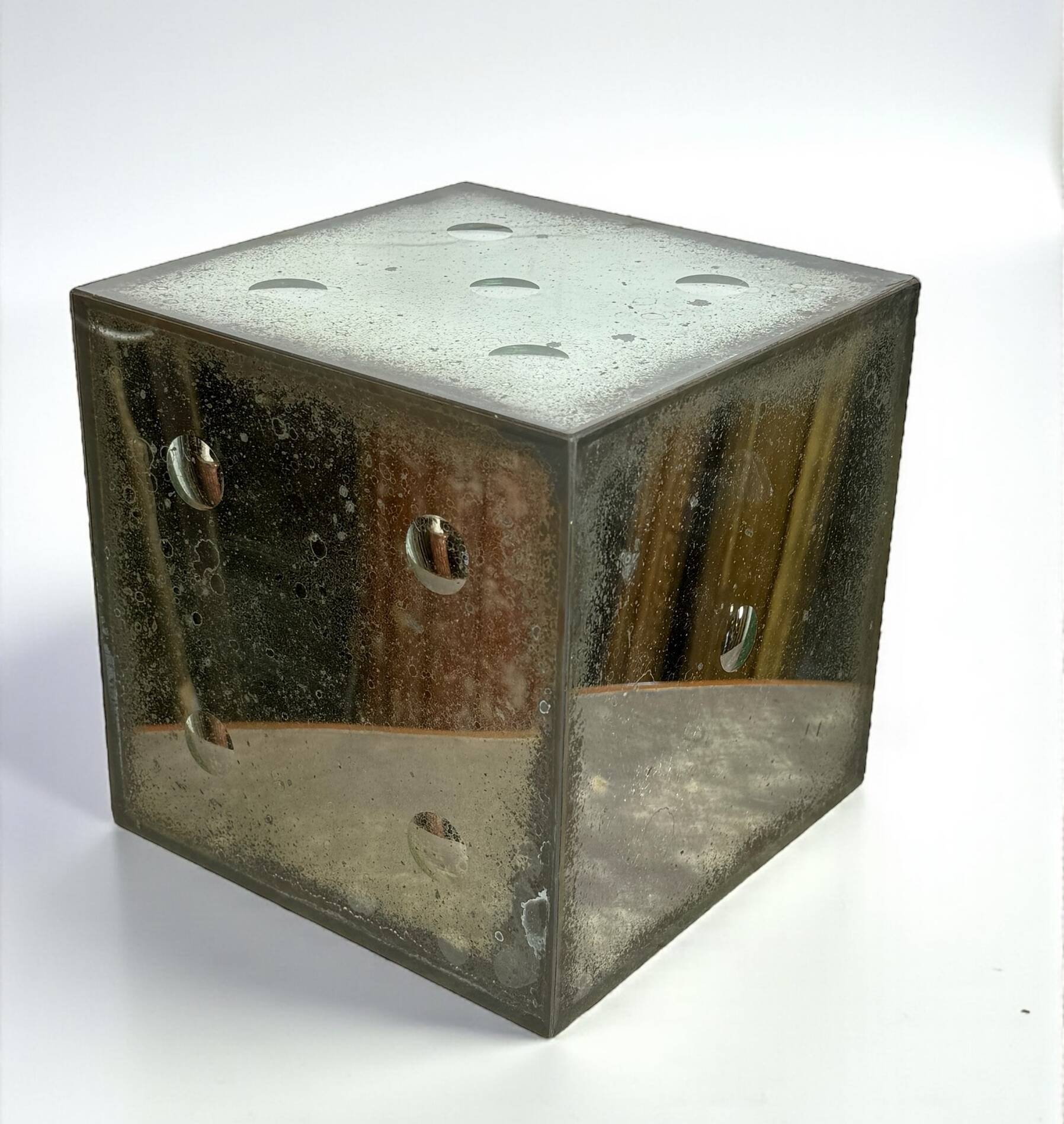Large aged glass dice from the 70s with bubble shaped numbers