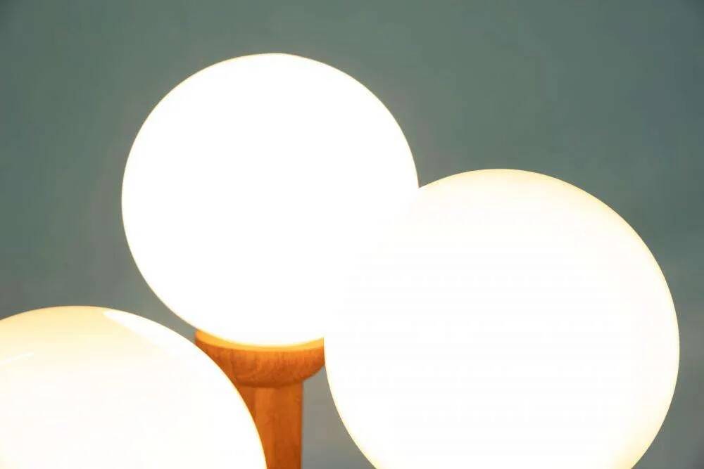 Bohemian glass ball table lamp from the 70s, wood & glass
