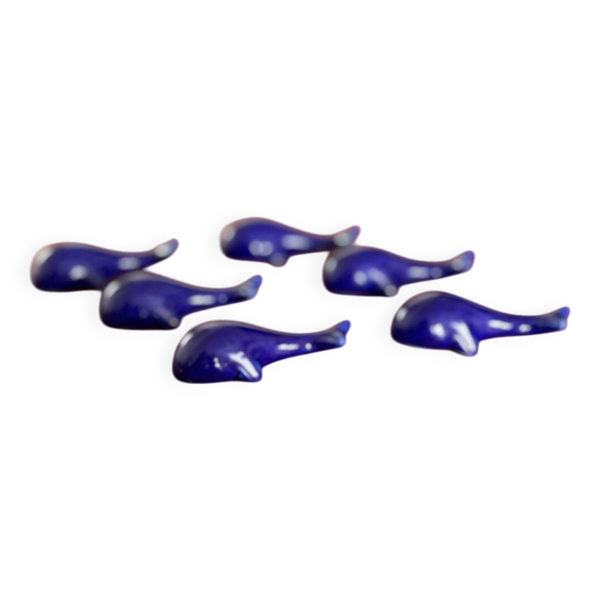lot de 6 porte-couteaux vintage en céramique - forme de baleine bleu