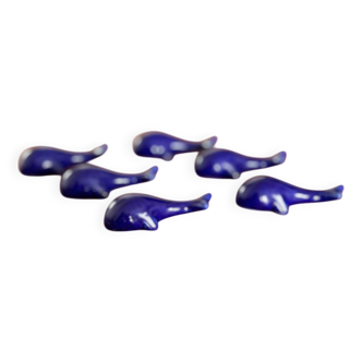set of 6 vintage ceramic knife rests - blue whale shape