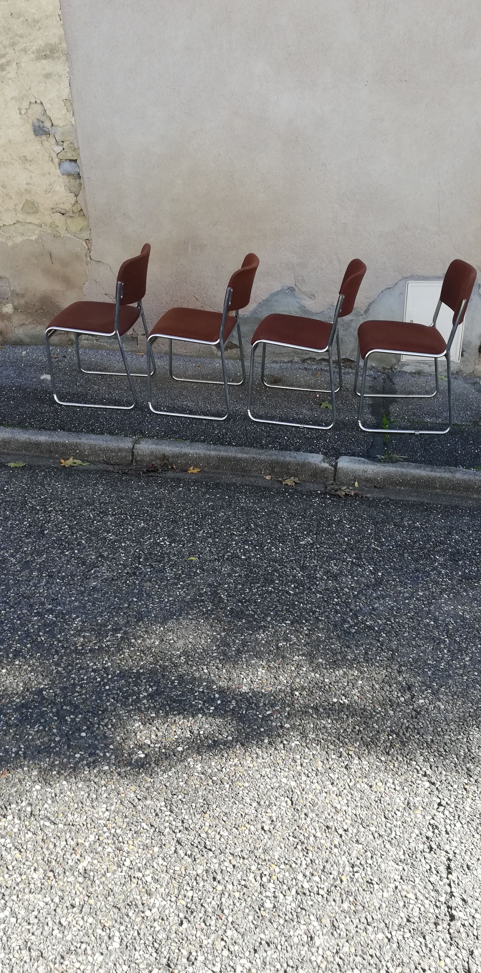 Set de 4 chaises vintage chrome et tissu marron