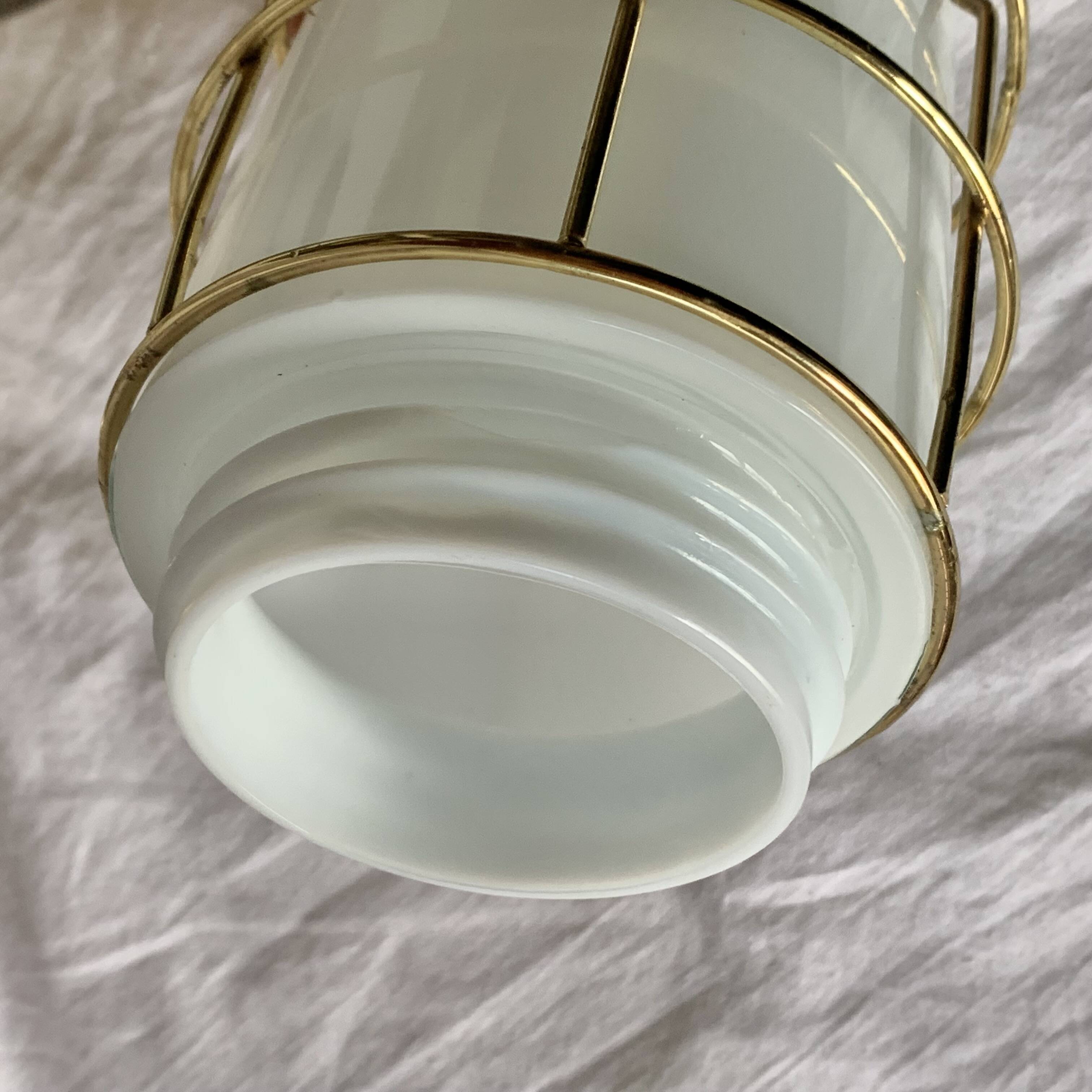 Vintage pendant light in gold metal and white opaline