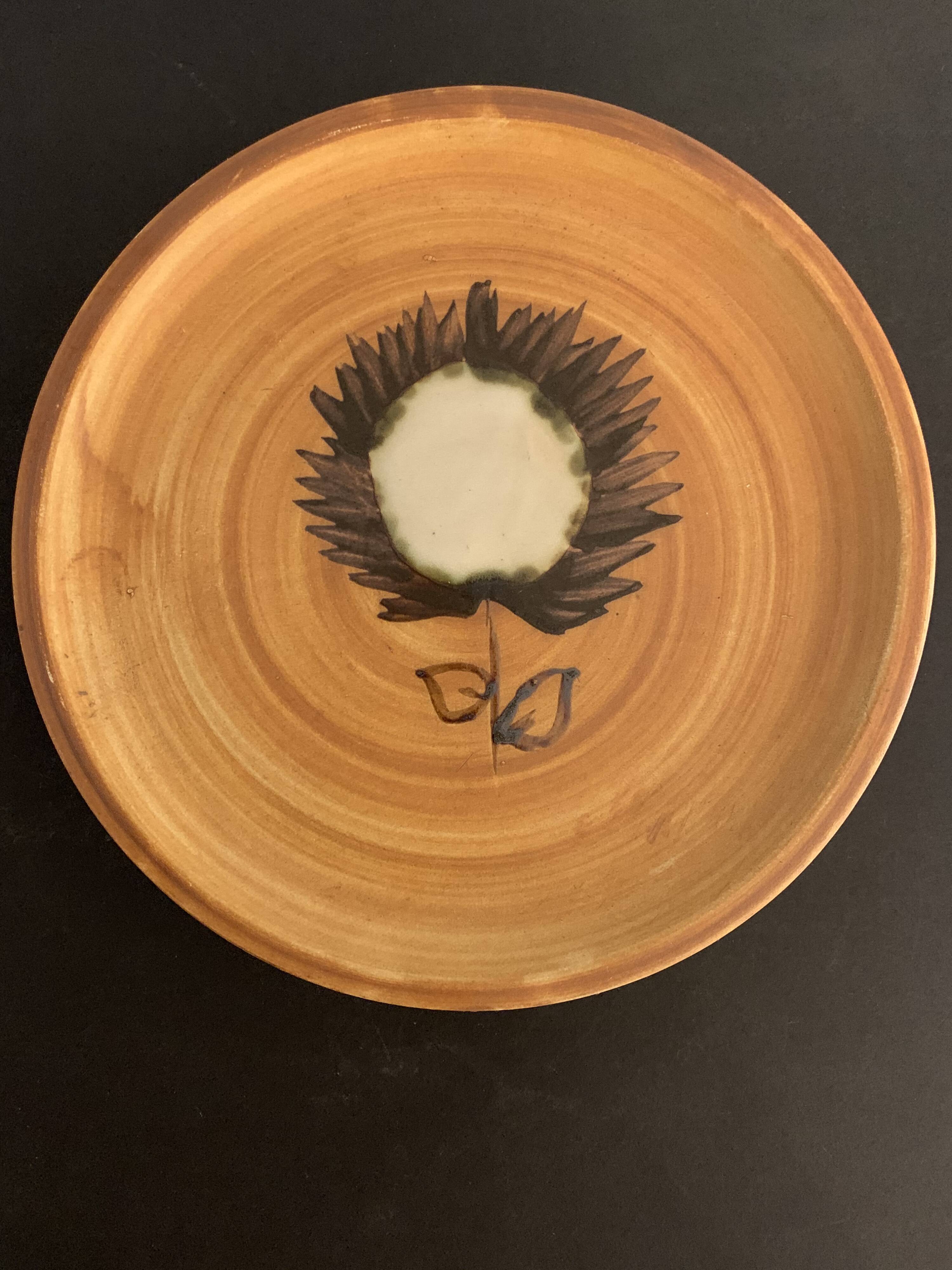 5 plates flat sunflower, Poterie de la Colombe, Vallauris style, 1970