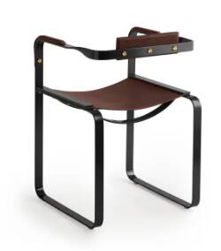 Armchair, smoked black steel and dark brown leather, contemporary design.