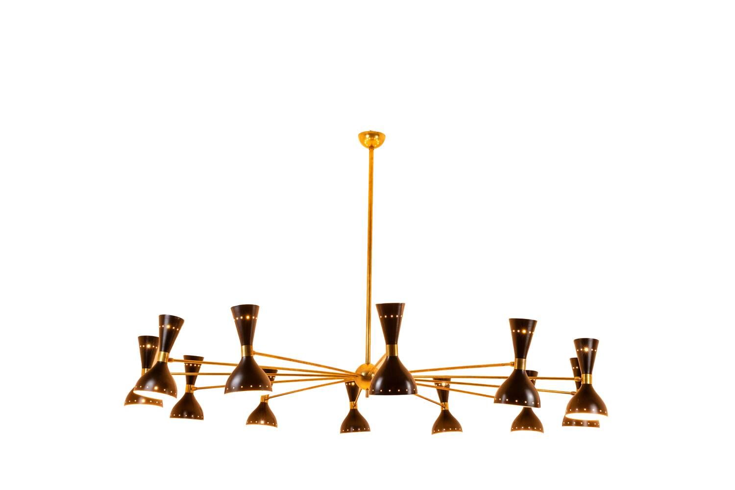 Black lacquered metal 12-arm light chandelier. Contemporary.
