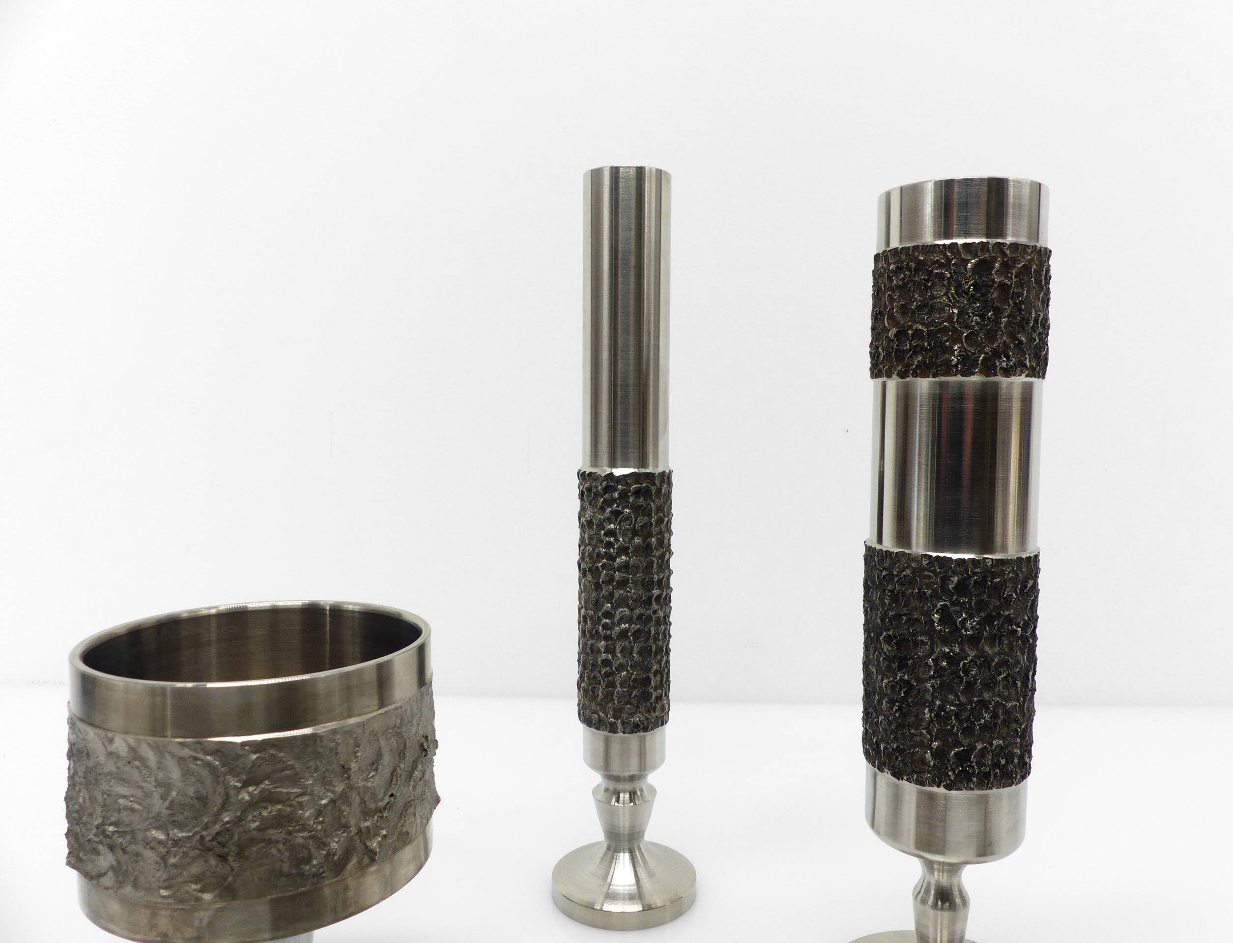 Set of 5 brutalist steel vases and bowls 1970