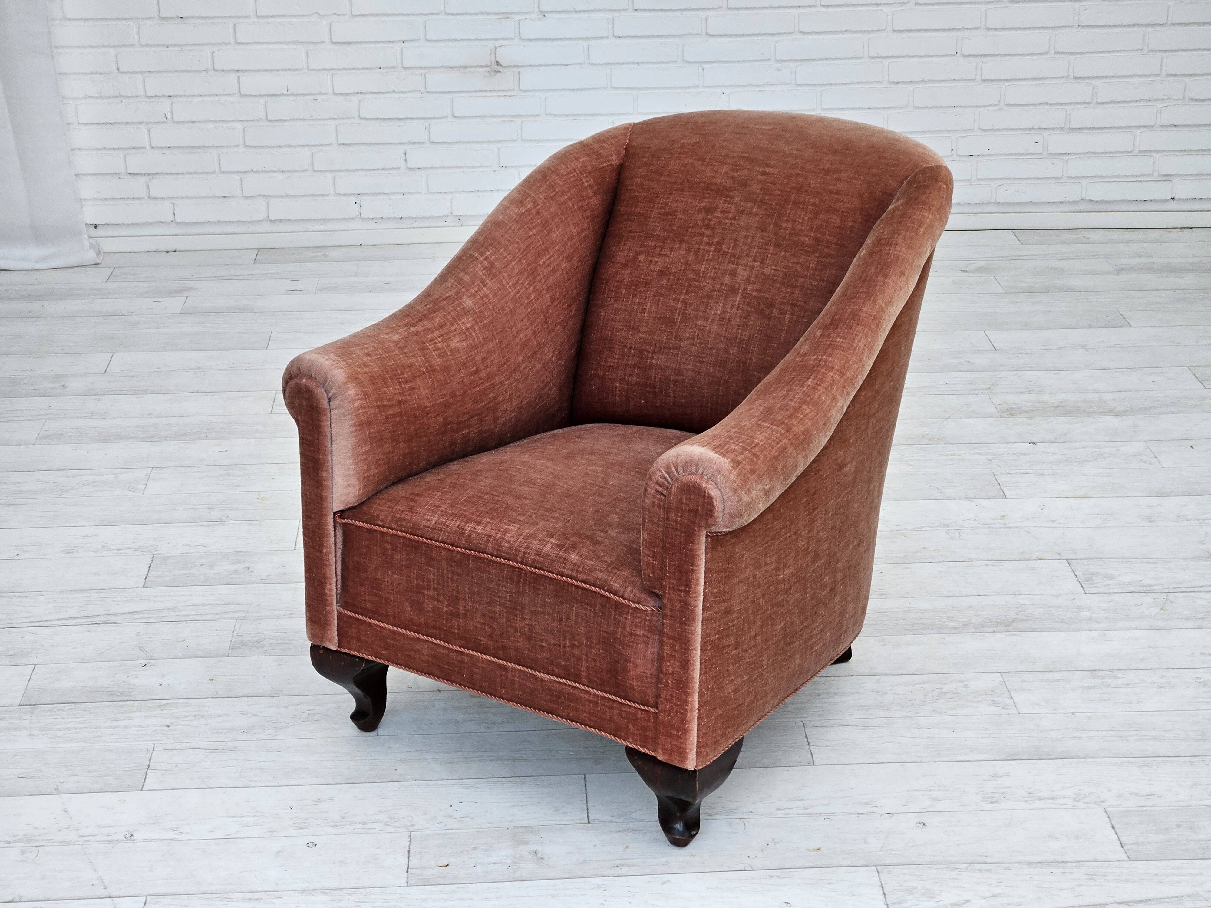 1960s, Danish armchair, salmon pink furniture velour, ash wood legs.