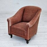 1960s, Danish armchair, salmon pink furniture velour, ash wood legs.