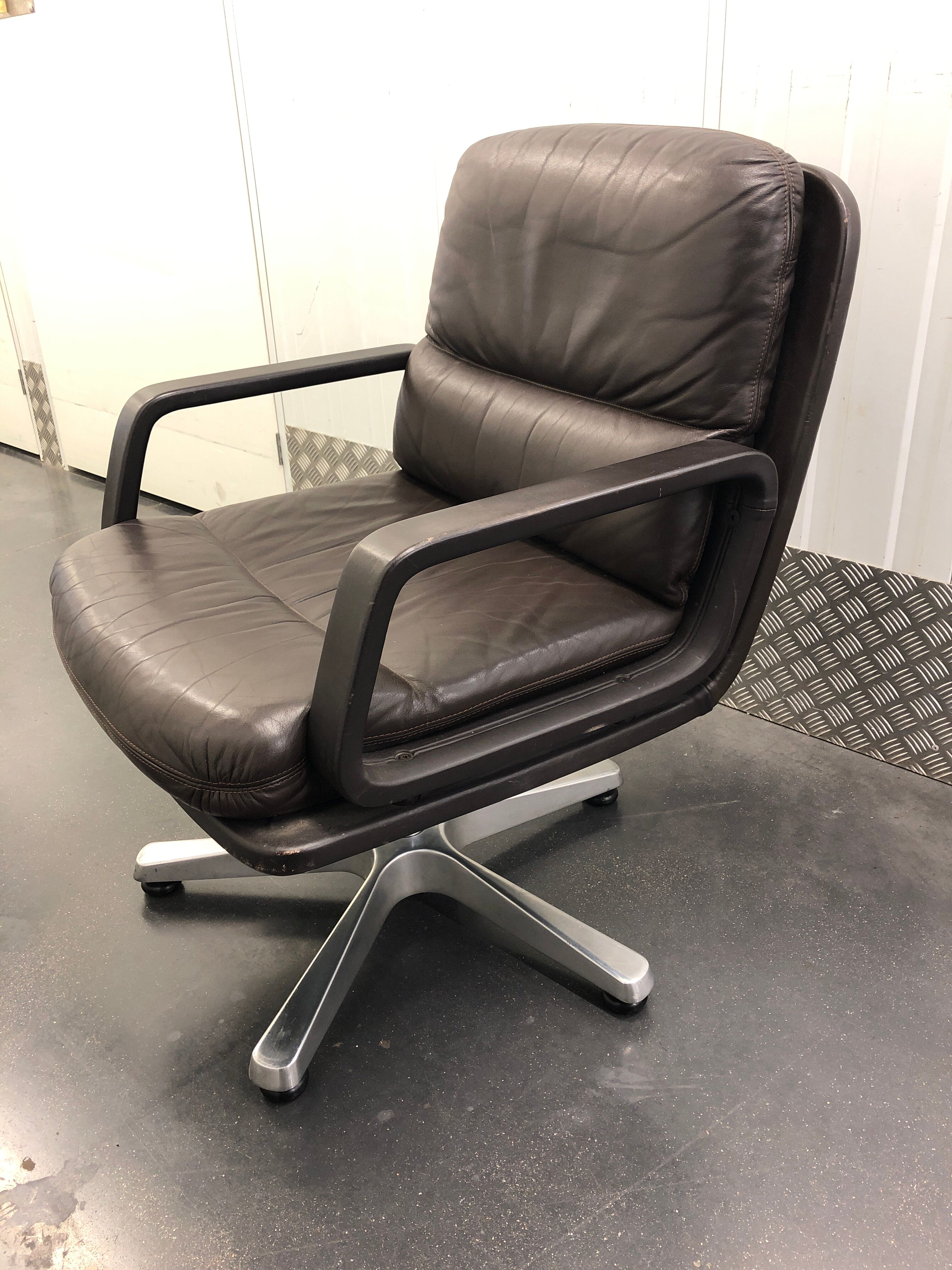 Office armchair in brown and aluminum leather around 1970