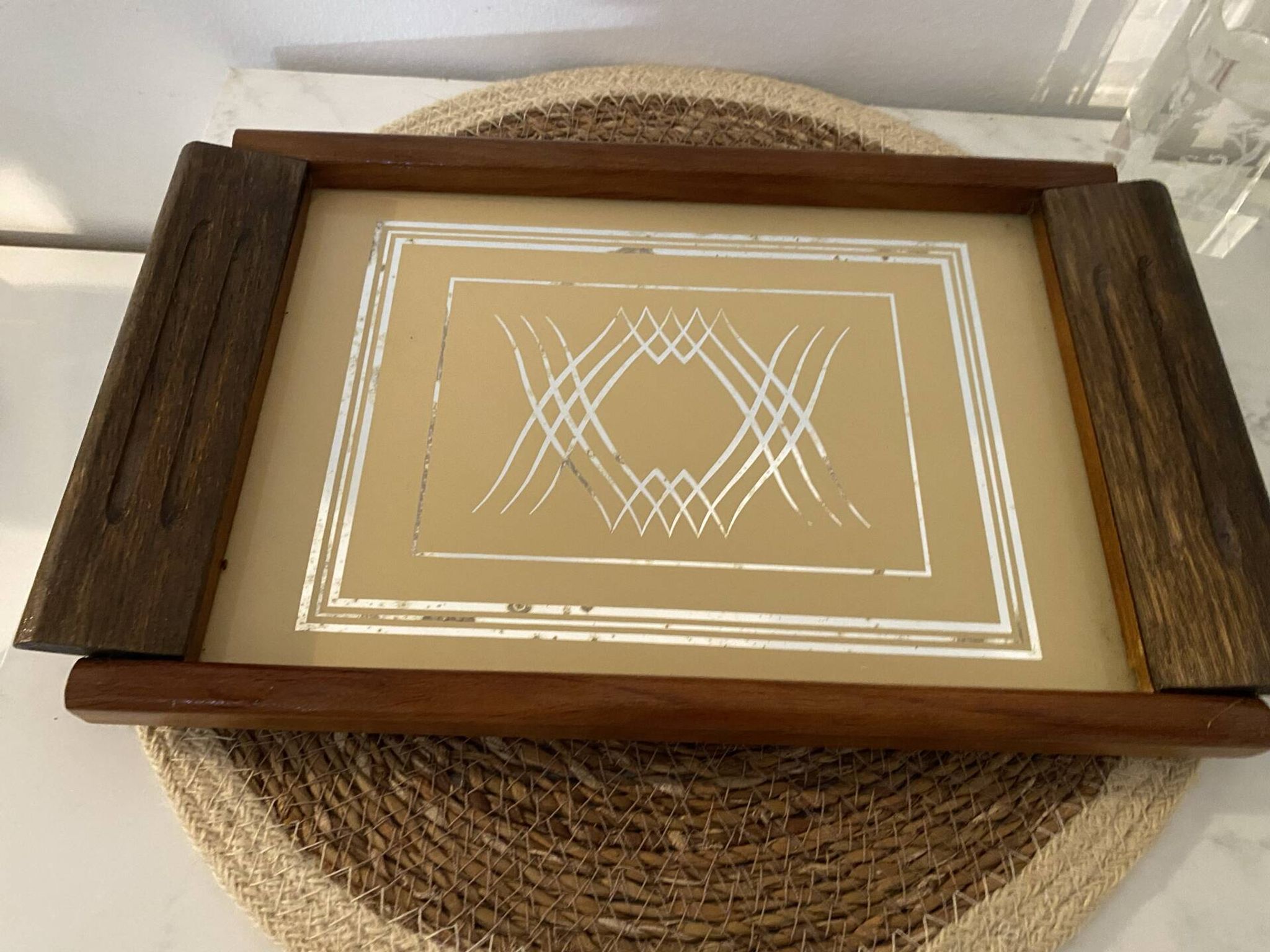 Vintage Art Deco service tray / 1970s – wood & mirrored base